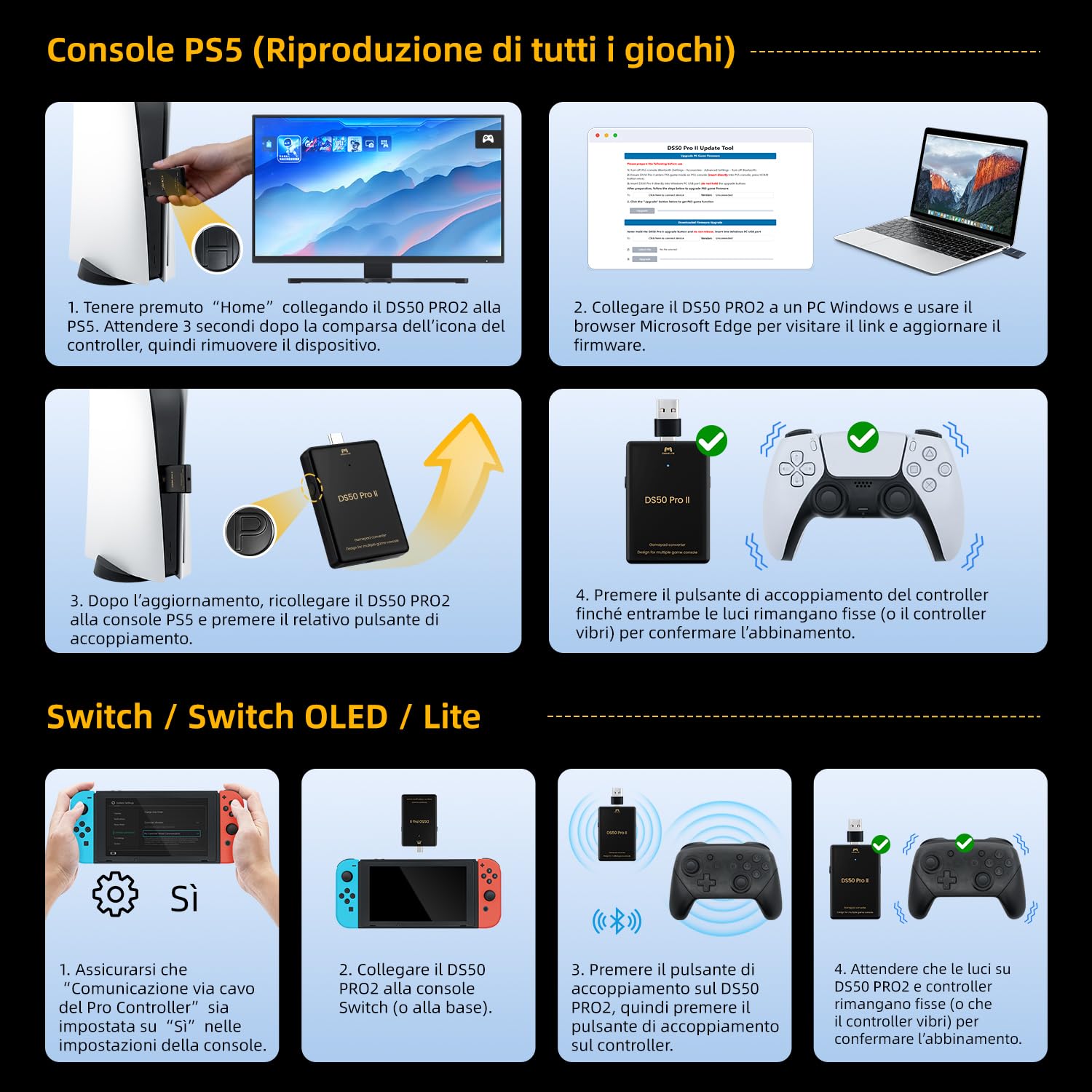 Mcbazel Besavior DS50 PRO2 Convertitore per Gamepad, supporta controller PS5/PS4/Xbox One S/Xbox Series X/S/Xbox Elite 2/Switch Pro su PS5/PS4/PS3/PC/Switch 2 e 1/Lite, audio integrato da 3,5 mm,