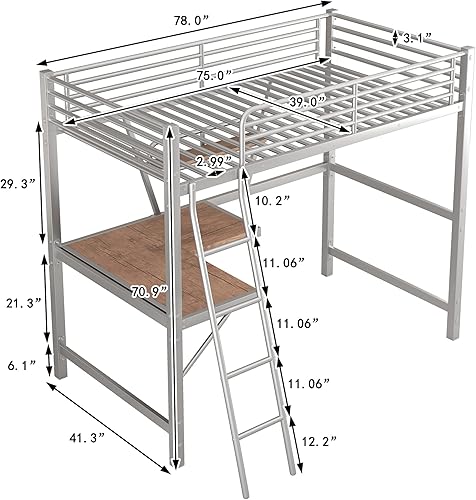Miniatura 10 de Hlcodca Simple Metal Loft Bed with L-Shaped Desk and ShelfTwin Size Loft Bed Frame with Ladders and Safety Guardrailsfor Kids Boys Girls Teens