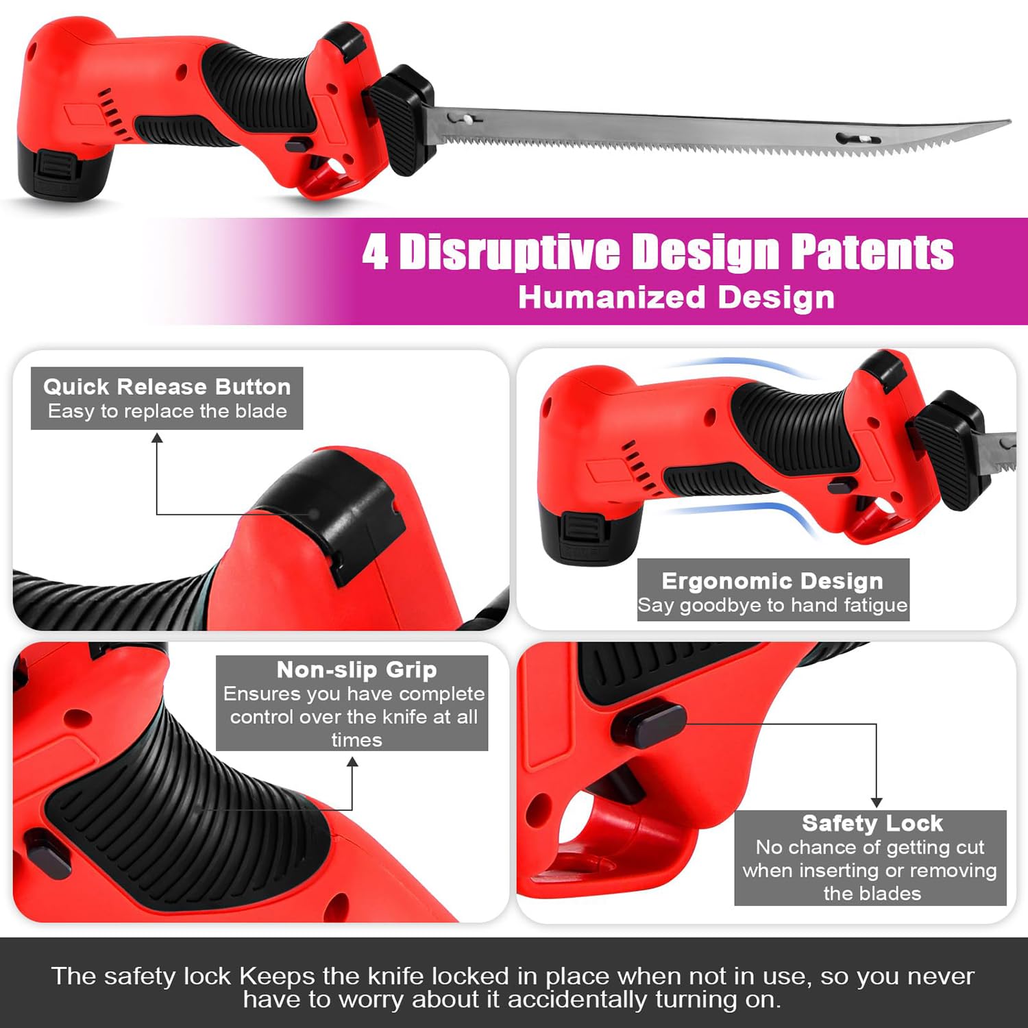 Coltello Elettrico per Sfilettare Pesce, Coltello per Sfilettare Pesce a Batteria, Coltello da Intaglio con 4 Lame Alternative Antiaderenti Rivestite in Nitruro di Ti-S.S.,Chiusura di Sicurezza