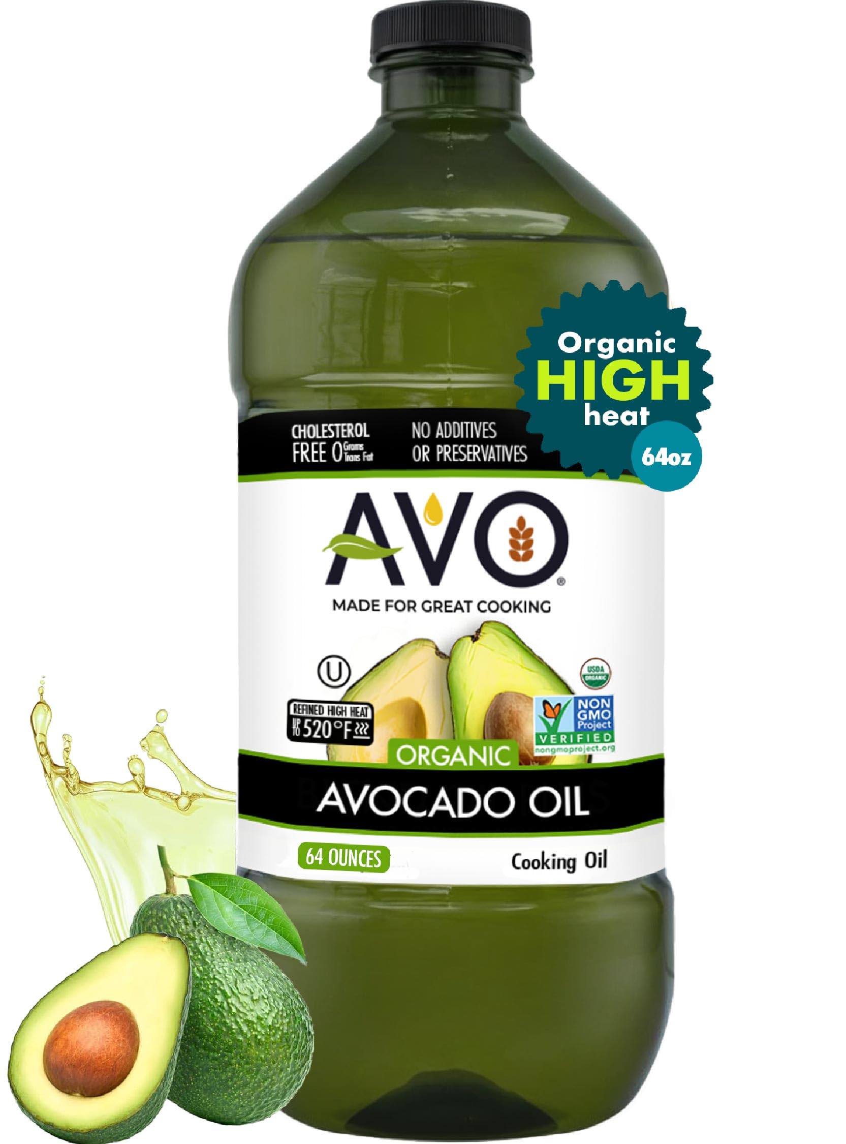AVO Organic Avocado Oil for Cooking, Frying, Baking, Salads, Vinaigrette, Marinades - General Organic Cooking Oil 64 Fl-oz (Half a Gallon), NO preservatives added, High Smoke Point 500°F