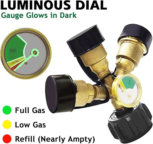 Miniatura 3 de Divisor de propano de tanque de 3 vías QCCPOL con medidor y válvula de cierre, adaptador divisor en Y, tanque de propano LP, adaptador de medidor de