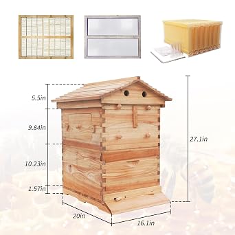 Flow Hive Beehive Starter Kit, 7 Auto Flow Frames Wax Coated Wood Bee House with Observation Window, Automatic Honey Flowing Bee Hives Boxes for Backyard Beekeeping, Complete Easy Harvest Kit