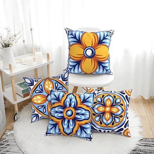 Miniatura 2 de Juego de 4 fundas de almohada con diseño floral mexicano de 18 x 18 pulgadas, fundas de almohada españolas de color naranja y azul, fundas de cojín