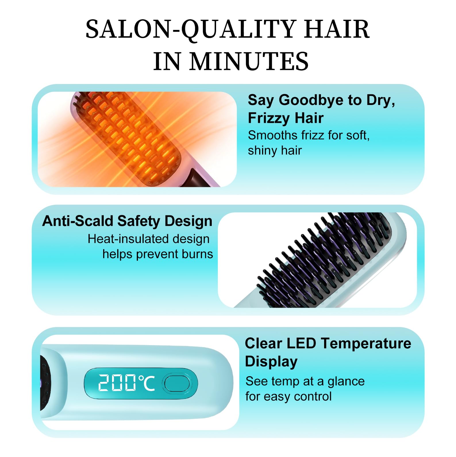 Go Brush Pro 2026, Portable Straightener Brushs for Travel, with LCD Temperature Display, Fast Heating Cordless Mini Hair Brushs (Blue) - 5