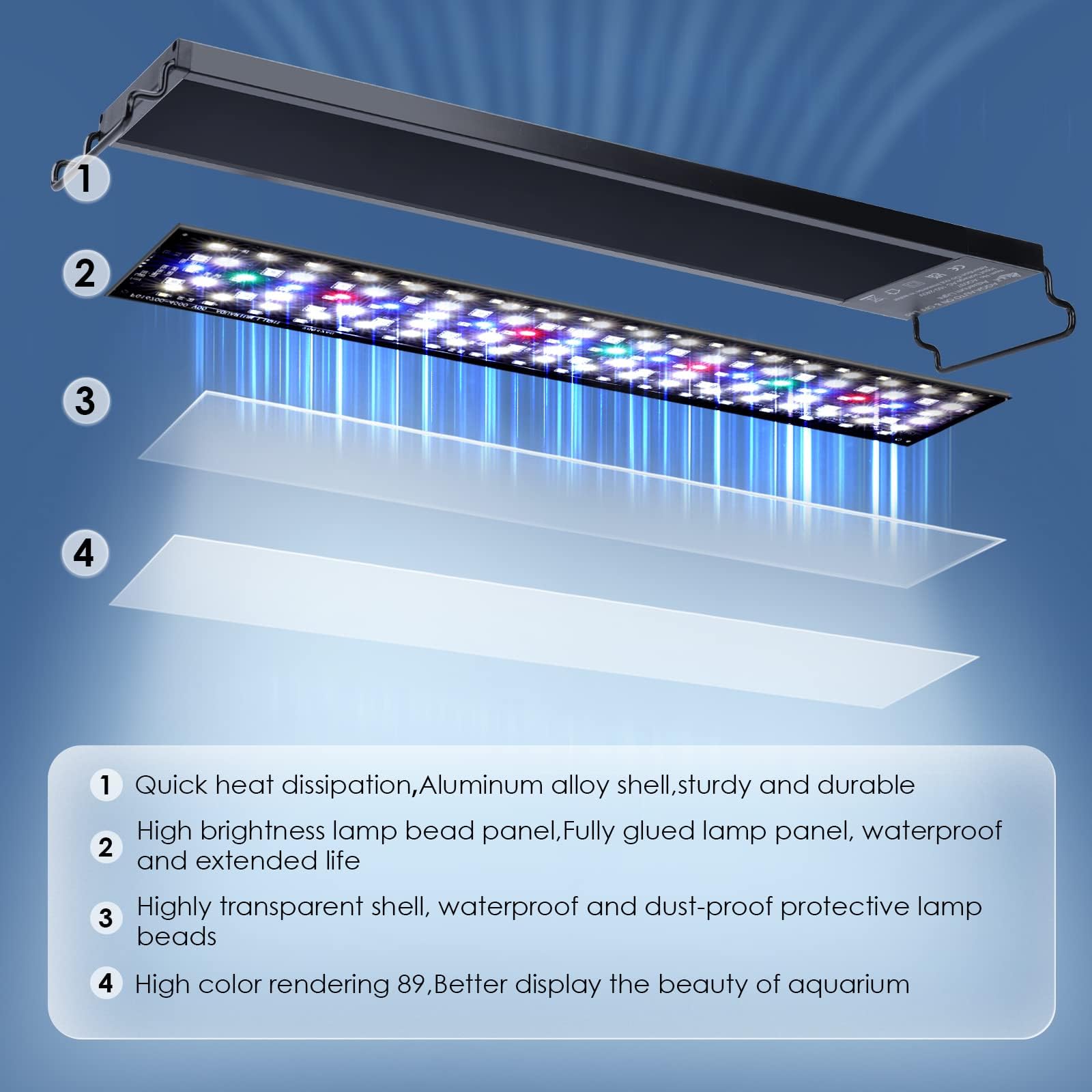 AQQA Aquariumverlichting, aquariumverlichting met monitor, volledig spectrum 24/7 verlichtingscyclus, aquariumlamp met ingebouwde timer, dimmer, 7 kleuren, waterdicht
