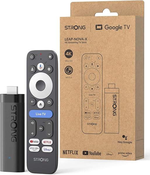 STRONG Leap-Nova-X – TV Stick 4K UHD, 2 GB RAM + 32 GB Memoria, Dolby Vision, HDR10+, Dolby Atmos, Wi-Fi 6, Asistente de Voz, Android 14, HDMI 2.1, Streaming de Más de 5000 Apps