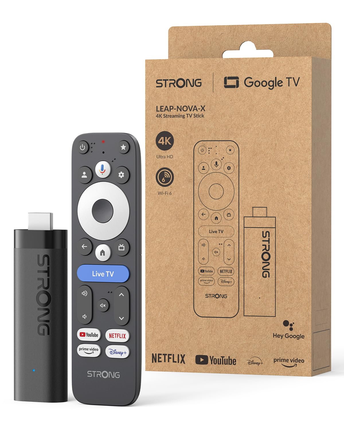 STRONG Leap-Nova-X – Chromecast con Google TV Stick 4K UHD, 2 GB RAM + 32 GB Memoria, Dolby Vision, HDR10+, Dolby Atmos, Wi-Fi 6, Asistente de Voz, Streaming de Netflix y más de 5000 Apps - 2
