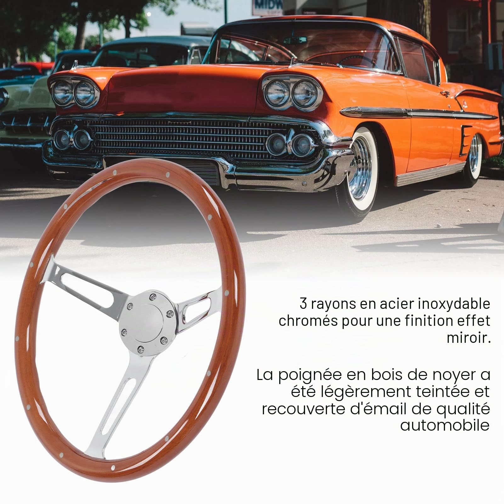 Volant Classique, 380Mm 15 Volant en Grain de Noyer de Style Nostalgie Classique, Modification Universelle de Poignée en Bois Rivetée à 3 Rayons et 6 Trous (Brun)