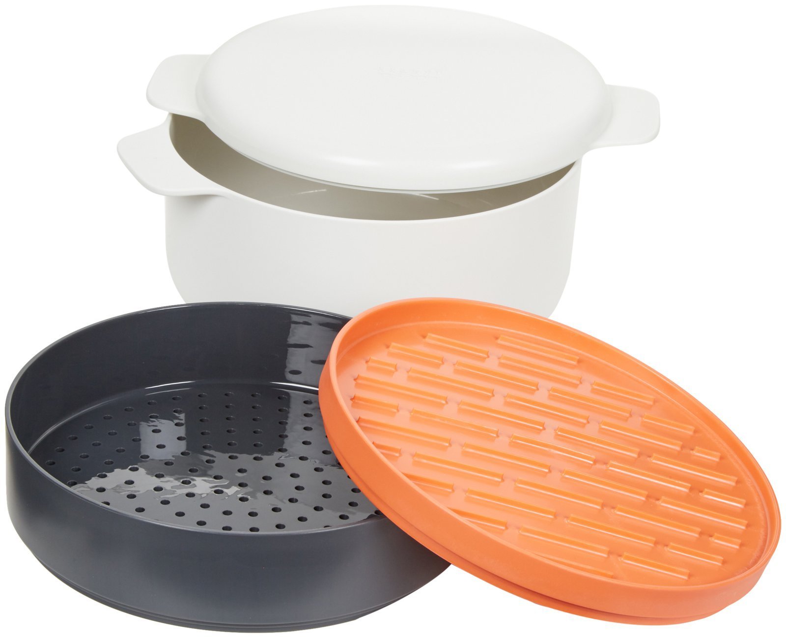 Joseph Joseph M-Cuisine Set di Cottura Impilabile da 4 Pezzi per Microonde, Pentola da 2 litri, Vaporiera, Piastra e Coperchio