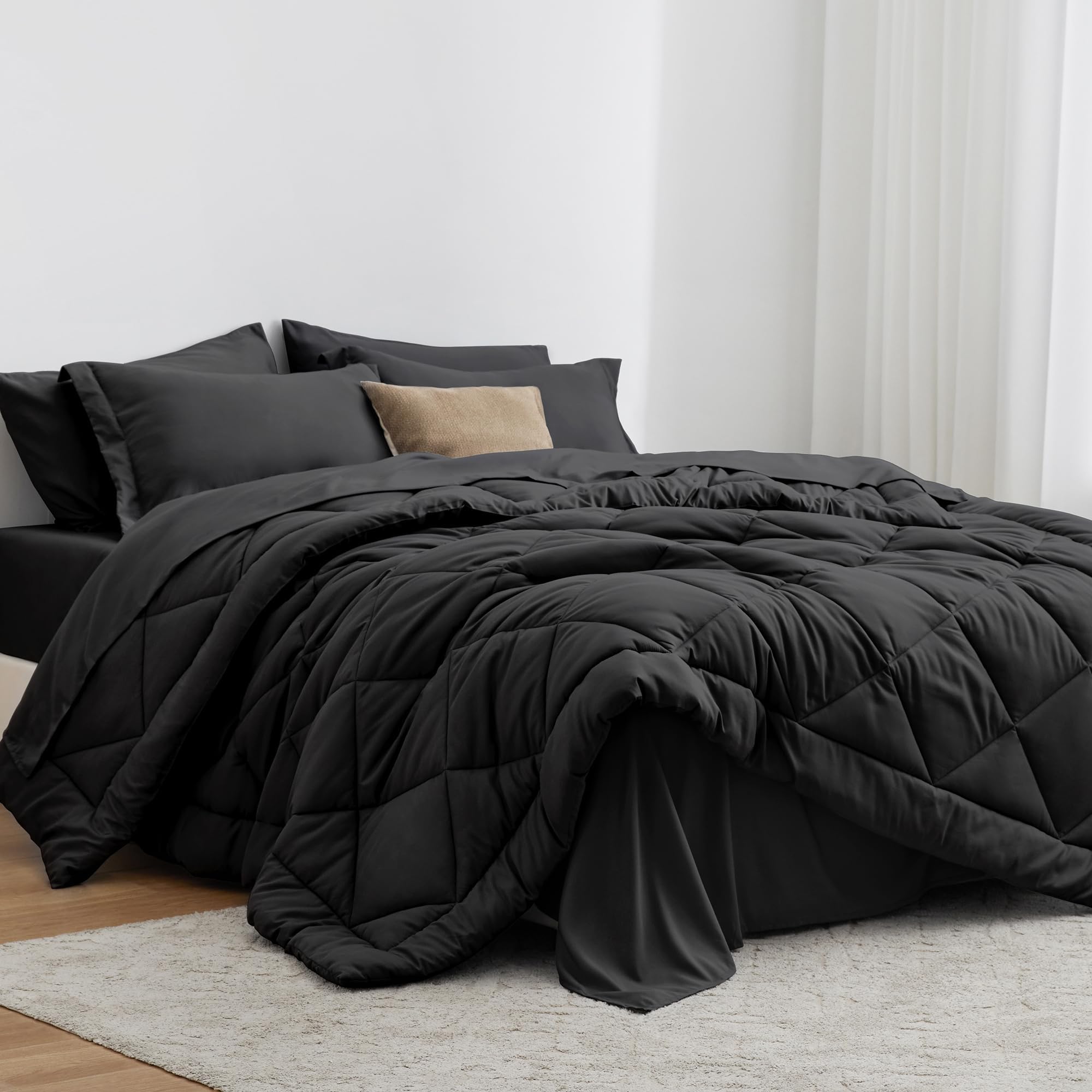 Love's cabin King Size Comforter Set Black, 7 Pieces King Bed in a Bag, All Season Bedding Sets with 1 Comforter, 1 Flat Sheet, 1 Fitted Sheet, 2 Pillowcase and 2 Pillow Sham | Soft, Breathable, Lightweight, Comfortable
