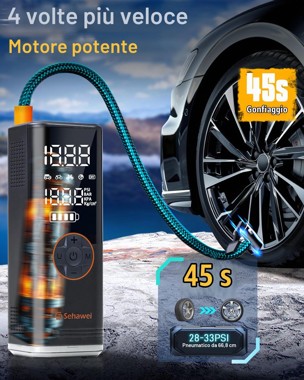 Sehawei Compressore Aria Portatile Auto per Auto,Bici,Moto,Pallone