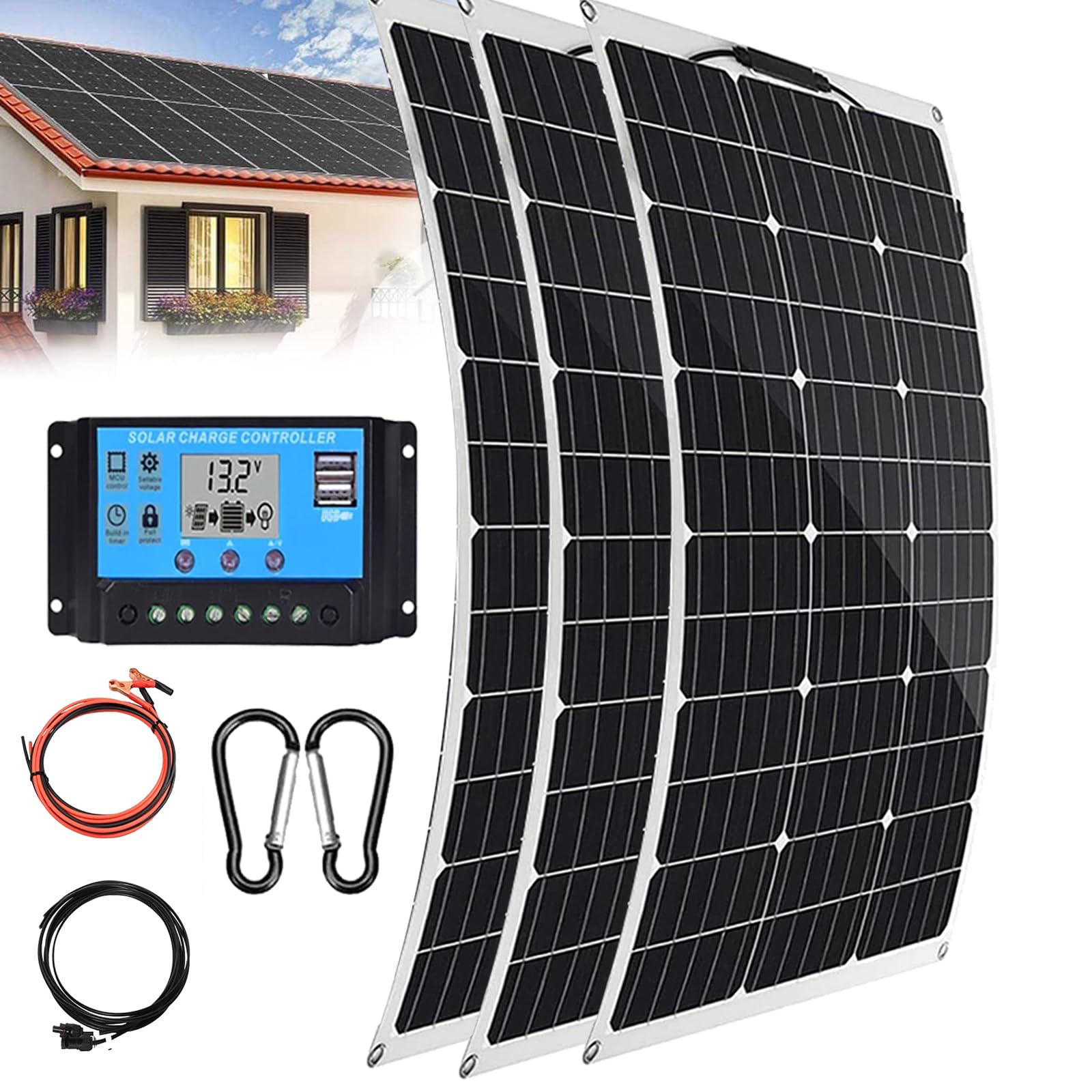 Panneaux solaires monocristallins 300W chargeur batterie 12V et contrôleur de charge 40A