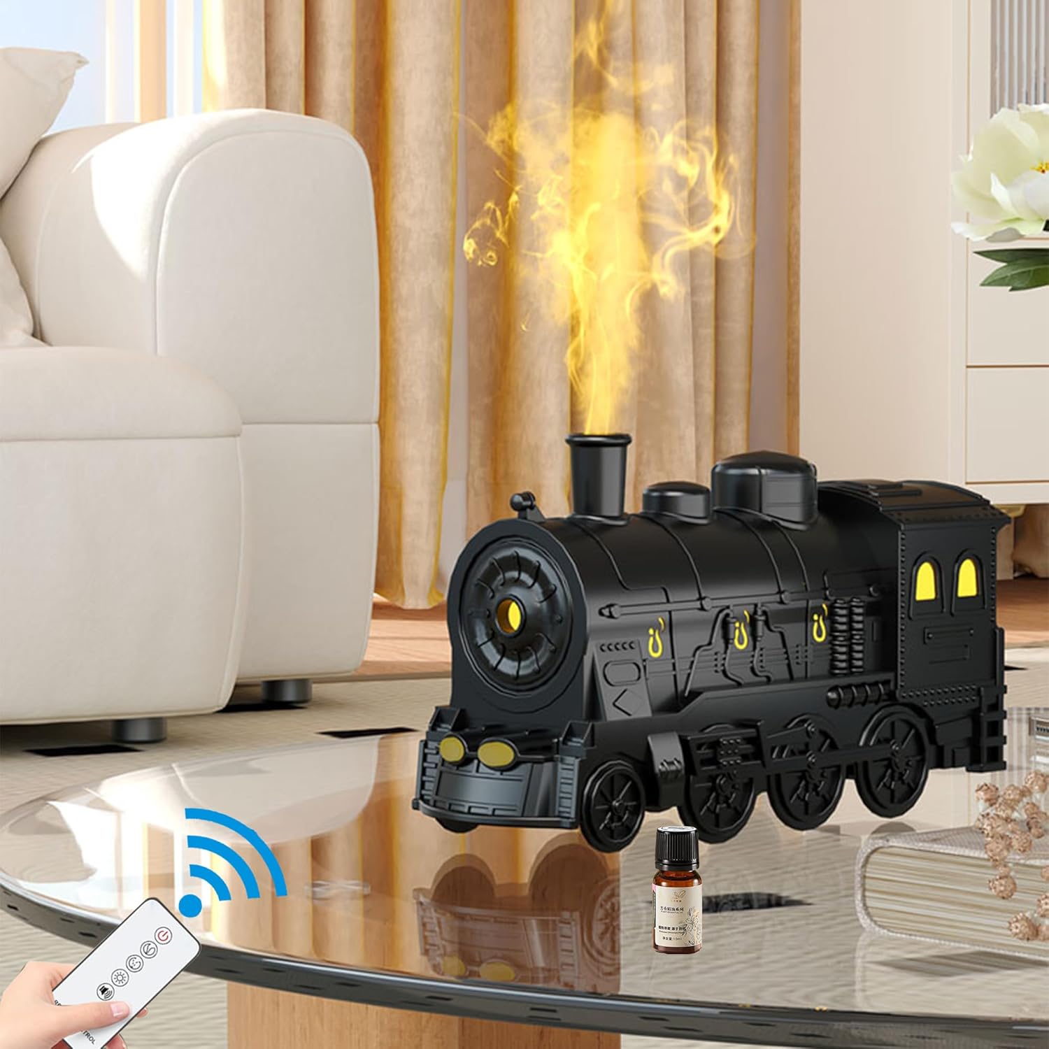 Essential Oil Diffuser, Steam Train Aromatherapy Diffuser， 300 ml Retro Train Humidifier, with 7 Colors Light 2 Mist Modes, Simulate Train Sound，Bedroom Home Office(Black)