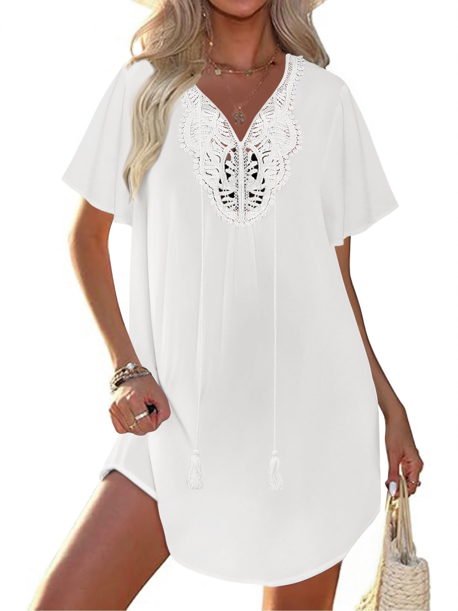 Ekouaer Damen Strandkleid Spitze Strandtunika V Ausschnitt Kurz Sommer Strandponcho Bikini Cover Up S-XXL