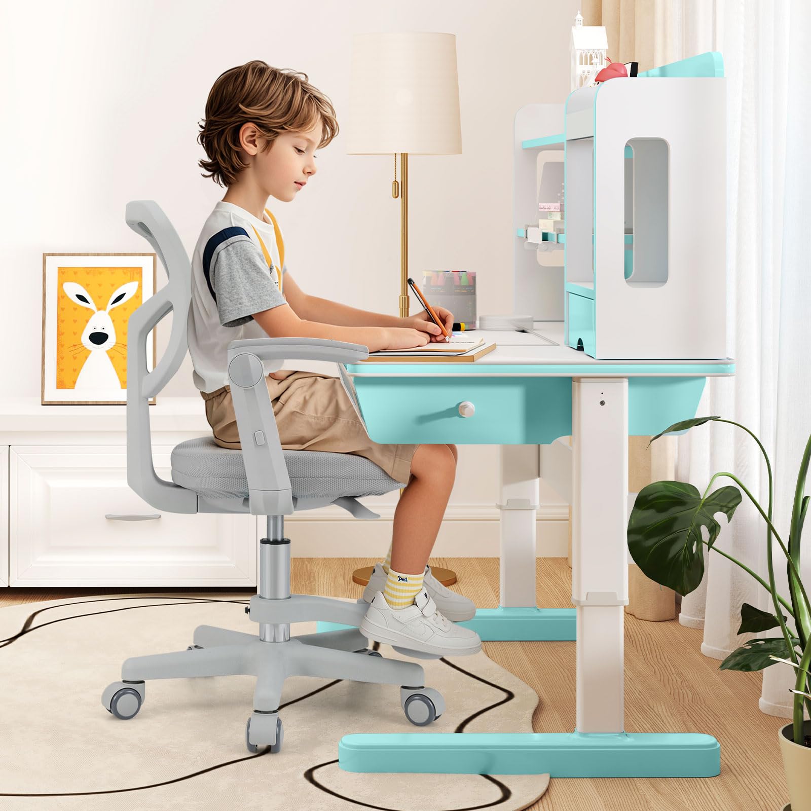 LIFEZEAL - Silla de Oficina Infantil Giratoria 360° con Reposapiés, Silla de Estudio con Altura Ajustable, Apoyabrazos Elevables, Silla Ergonómica para Niños, Carga 150 kg (Gris)