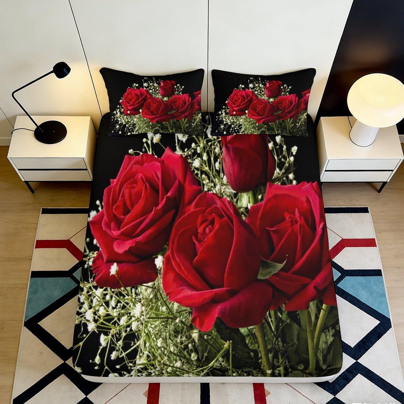 3D Printed Red Rose Bouquet Fitted Sheet Microfiber Anti-Slip Bed Cover for Bedroom Guest Room Machine Washable Decor 160x200x25cm