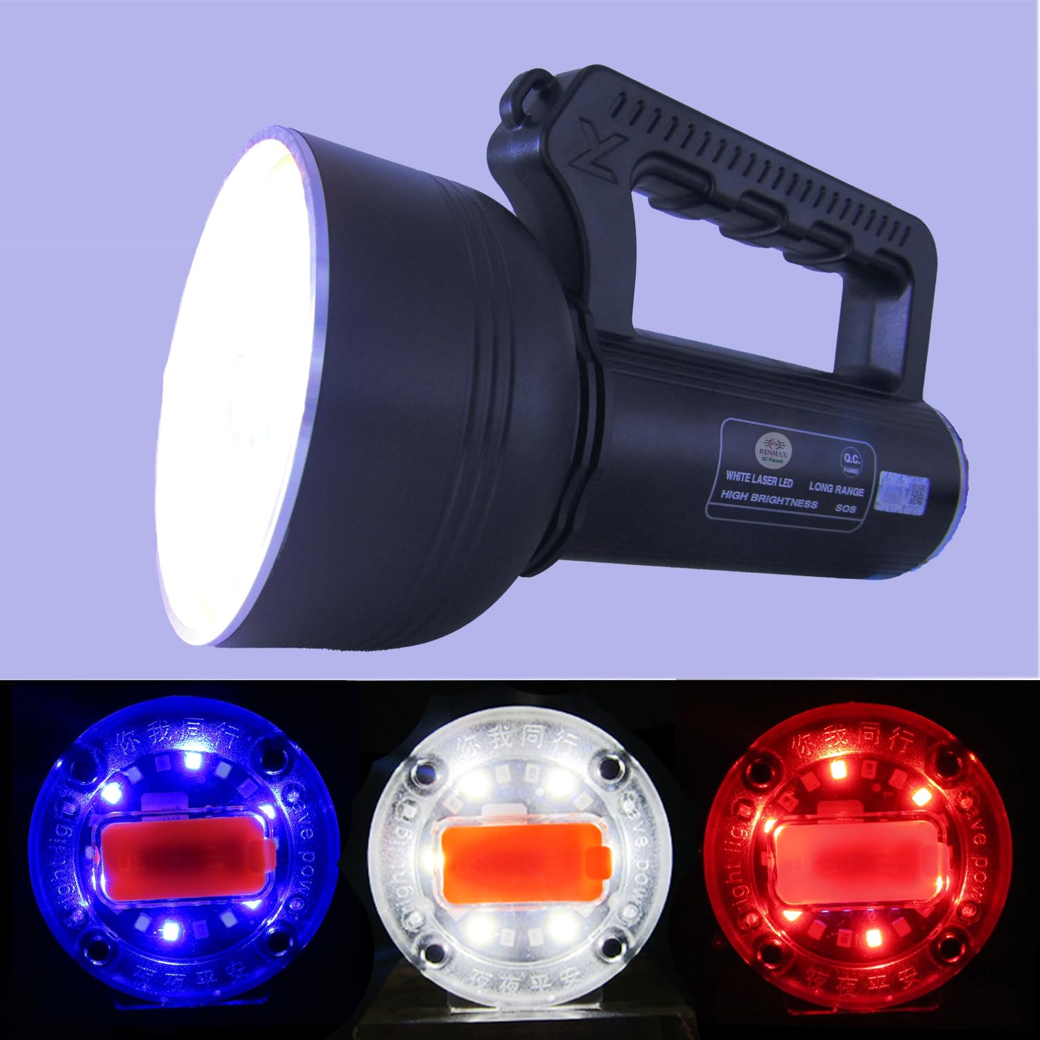 RENMAX LED Flashlight Search Torch High Brightness 350W 2Km Range High/Low/Blinker & Tail Light (White/Red-Blue Blinker) Waterproof 18000mAh Rechargeable Metal Body Black -1Pc-image-34