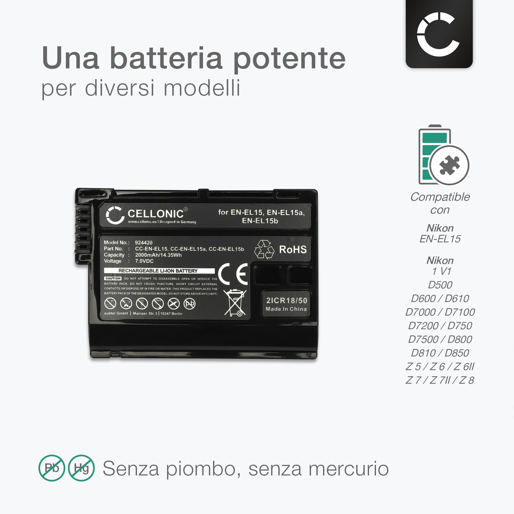 CELLONIC, Batteria per fotocamera compatibile con Nikon D850, D750, D7500 (2000mAh, 7V) 1x