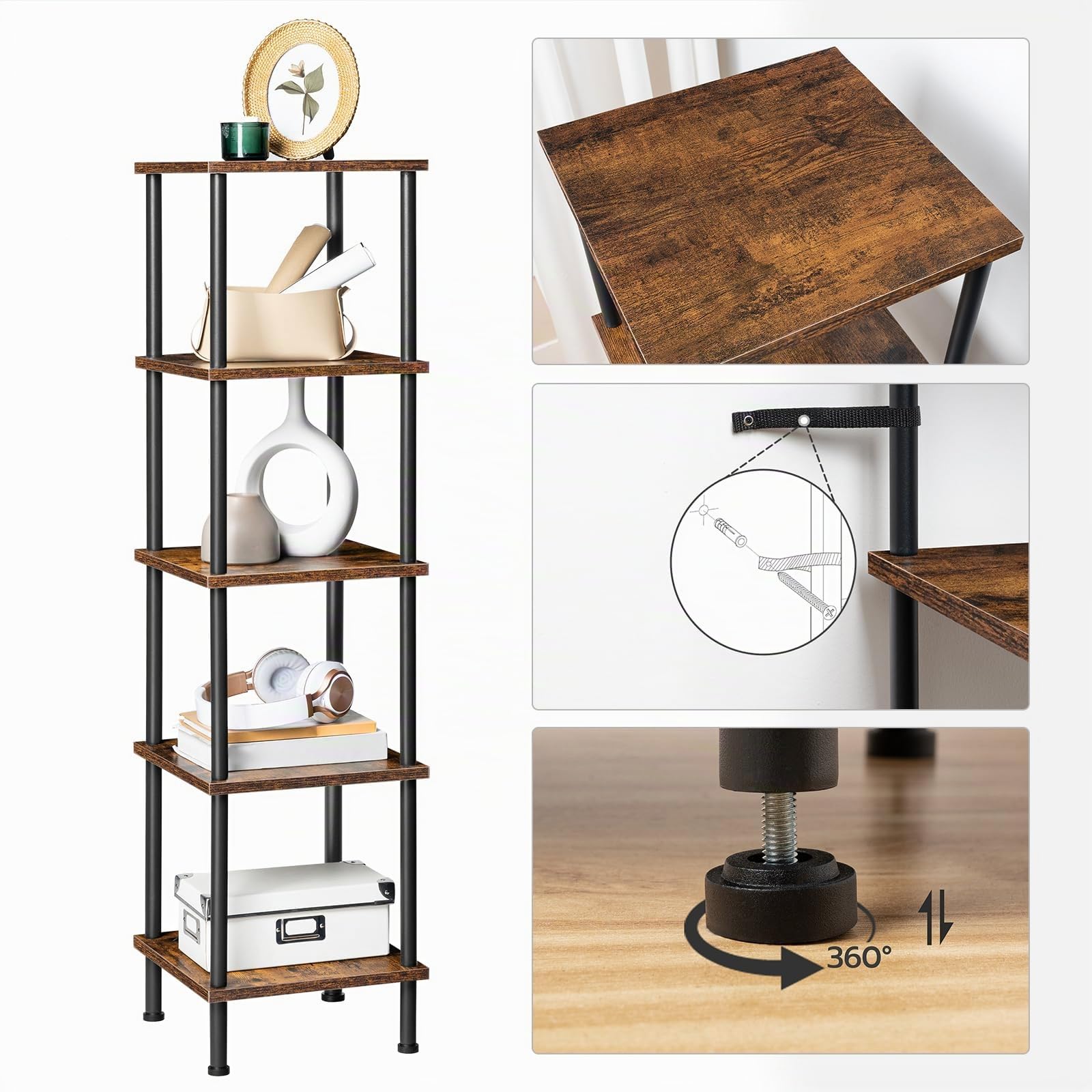 HOOBRO Regal, Bücherregal mit 5 Ebenen, schmales Eckregal, Standregal, Industrial Regal, Lagerregal, Büroregal, offene Ablagen für Wohnzimmer, Schlafzimmer, Balkon, Küche, Vintagebraun EBF50CJ01