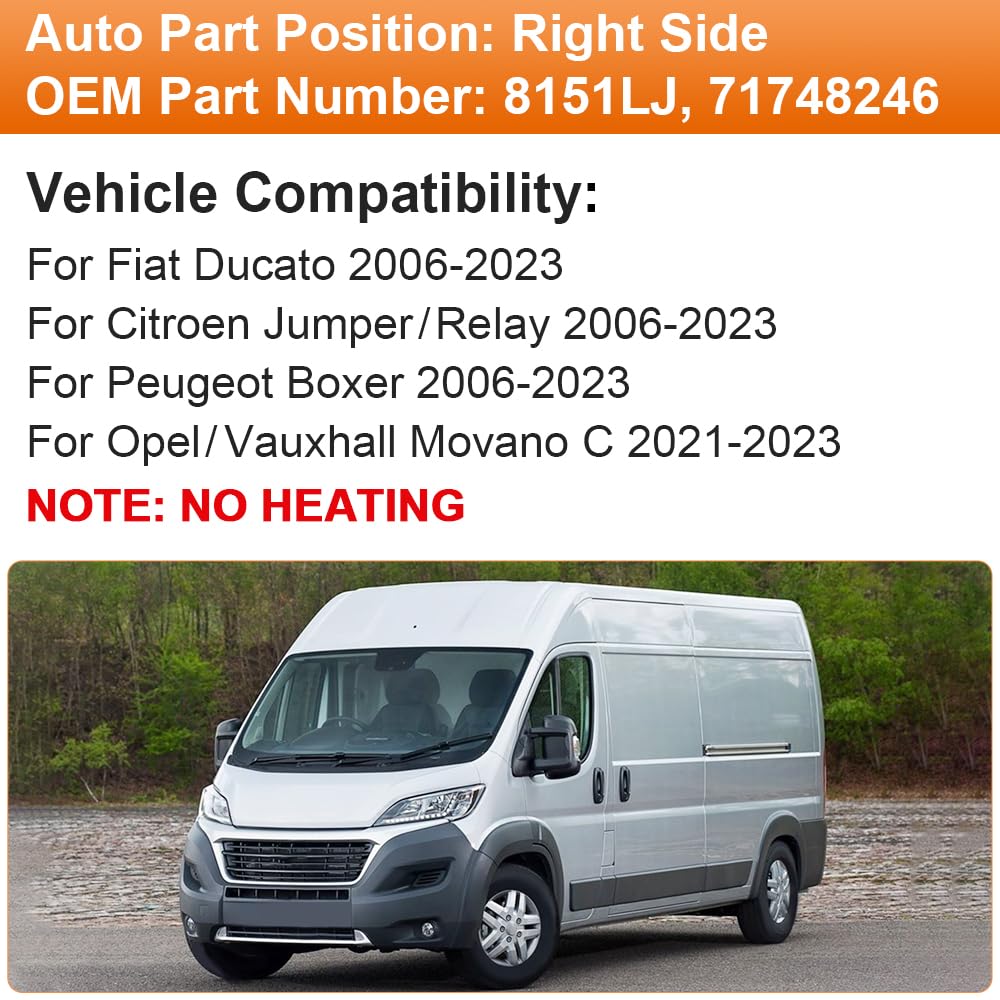SENZEAL Vetro Specchio Retrovisore Non Riscaldato Lato Passeggero per Fiat Ducato Citroen Jumper Peugeot Boxer 2006-2023 8151LJ 71748246 (Superiore Destro)