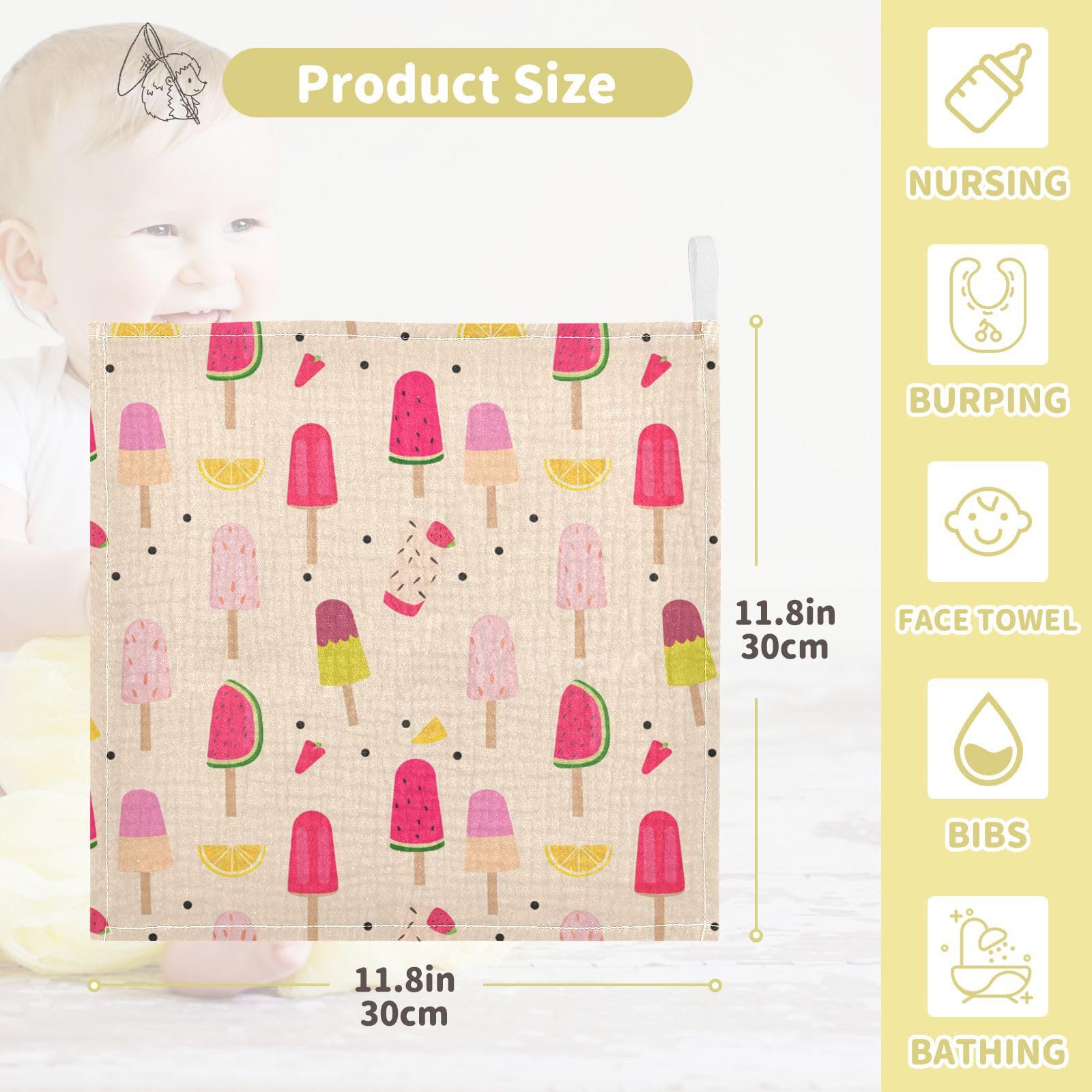 Kigai Fruit Flavored Popsicle Baby Washcloths,3pcs Ultra Soft Absorbent Towel,Newborn Bath Face Towel, Natural Reusable Baby Wipes for Sensitive Skin, Baby Registry as Shower