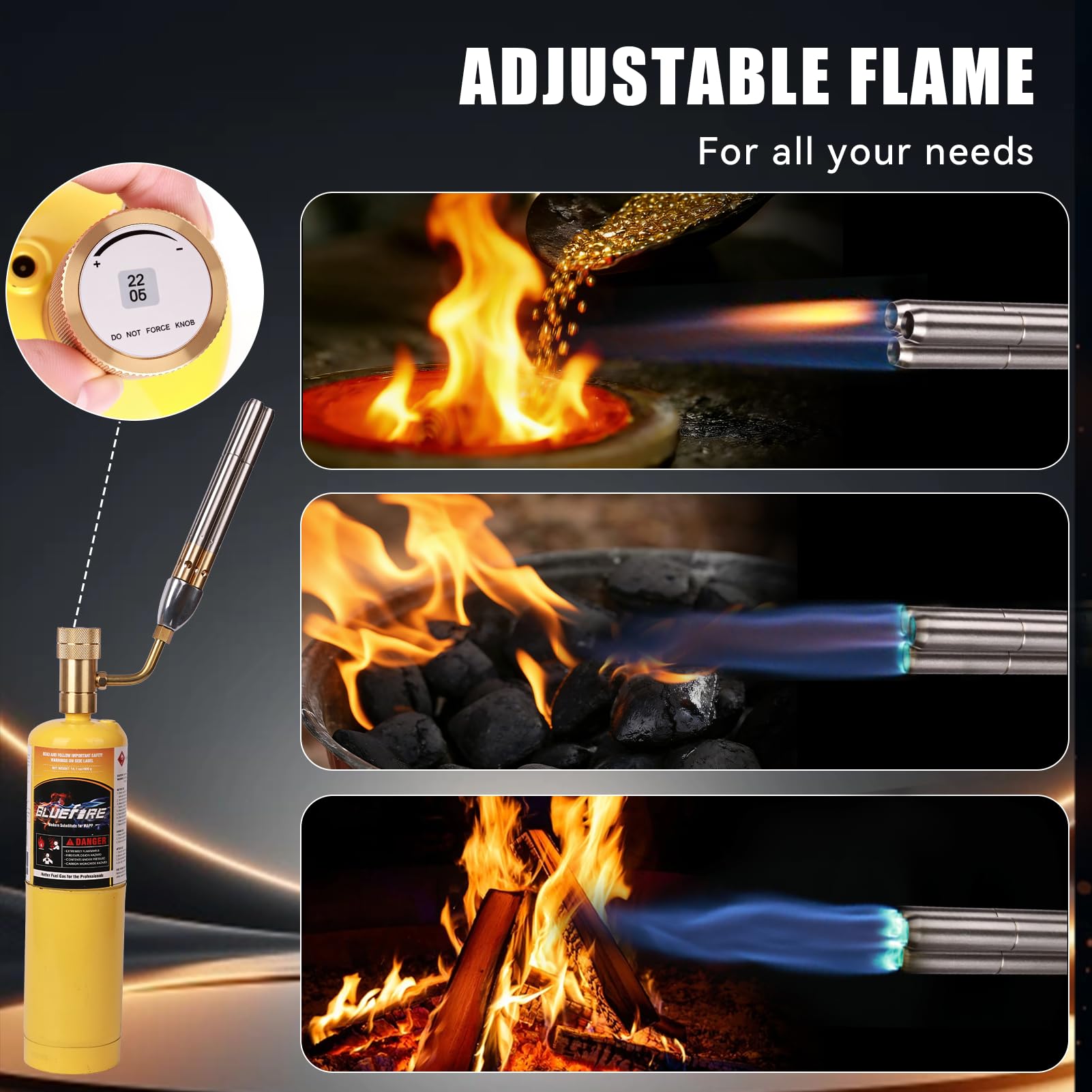 BLUEfire Torcia Turbo a getto a tripla fiamma, Trigger Start Cucina/Ricerca/Saldatura a gas, Carburante da MAPP/MAP Pro/Propano, Base stabilizzatrice libera!