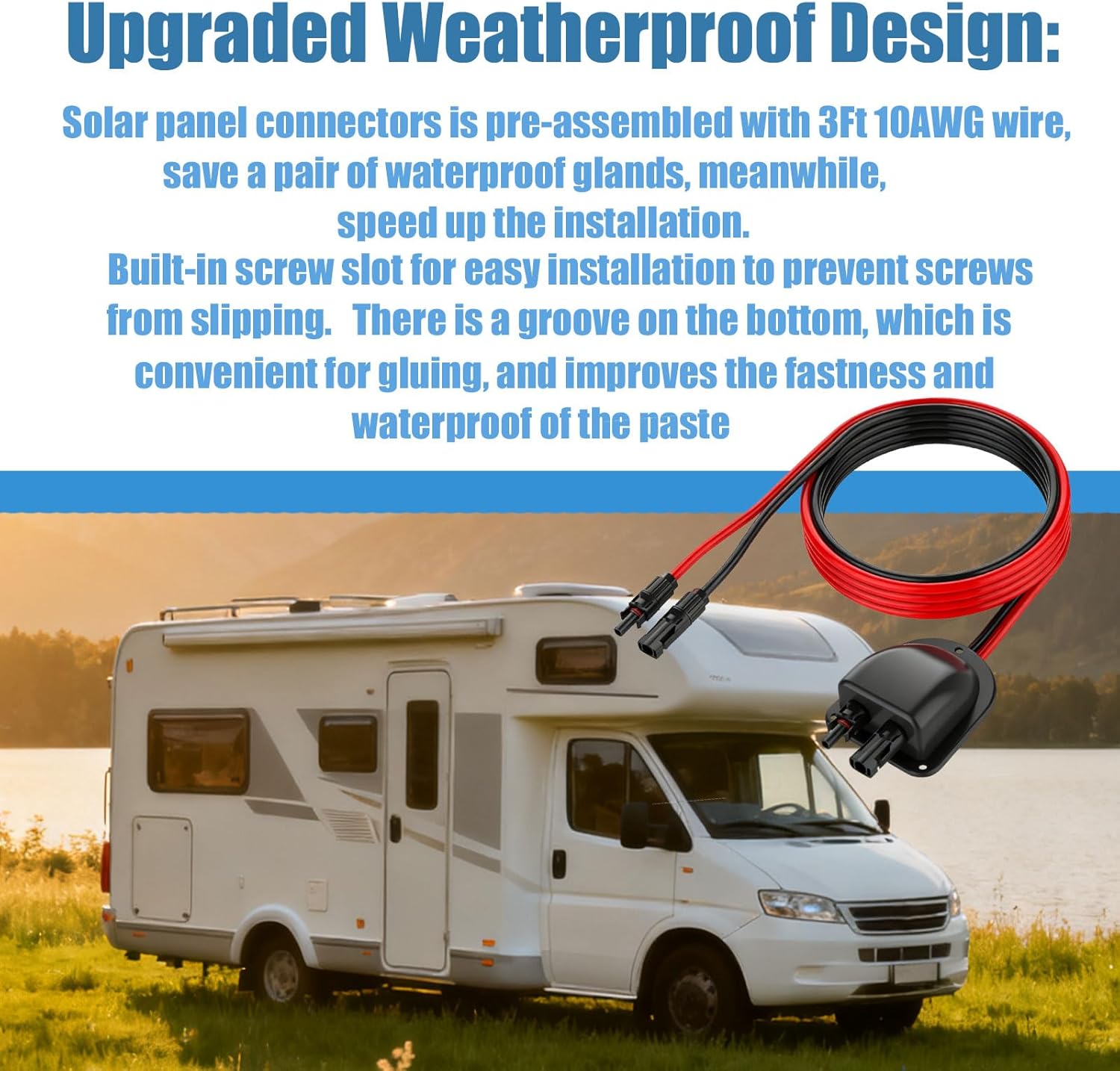 Solar Cable Entry Gland with 3FT 10AWG Solar Extension Cable MC4 Connectors Solar Junction Box Fit for RV Boat Camper & Van Lnstallations Tinned Copper Wire