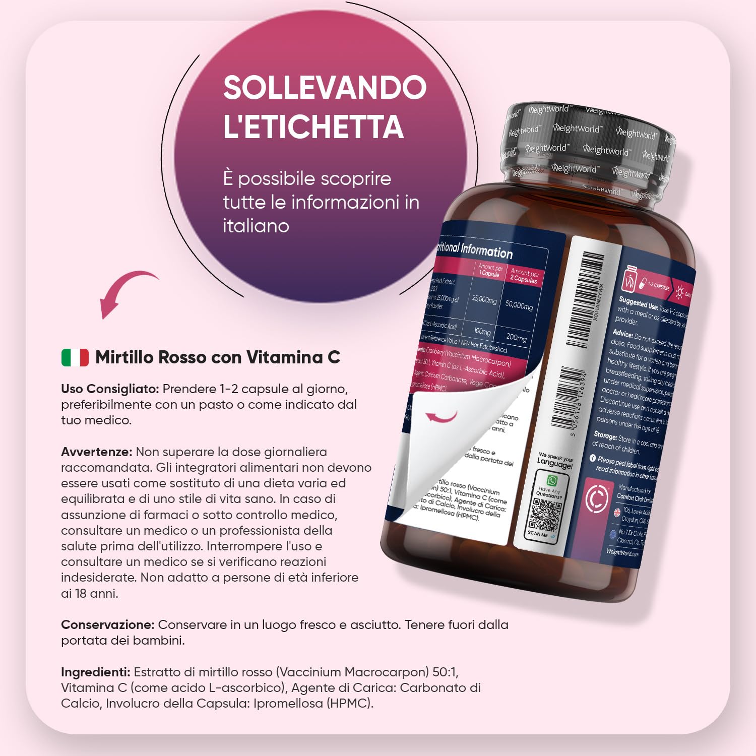 Mirtillo Rosso Vegano,180 Cranberry Capsule con Vit C, 6 Mesi, da 25000mg per Capsula, Cranberry Integratore Alimentare Estratto 50:1 con Vitamina C (come Acido L-Ascorbico), Senza Magnesio Stearato