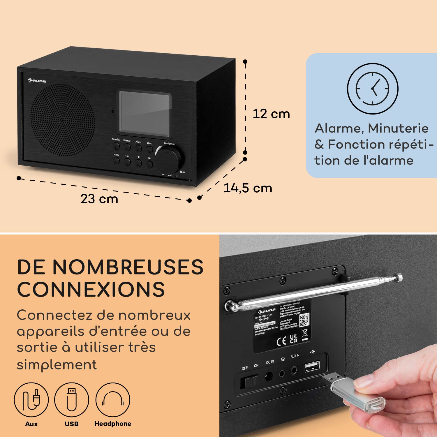 Auna Radio Portable Bluetooth et Rechargeable, Poste Radio Numérique Dab/Dab+/FM/Streaming, Mini Portables Stéréo, Écran HCC, 5h d'Autonomie, FM, Alarme de Réveil, Alimentée au Secteur