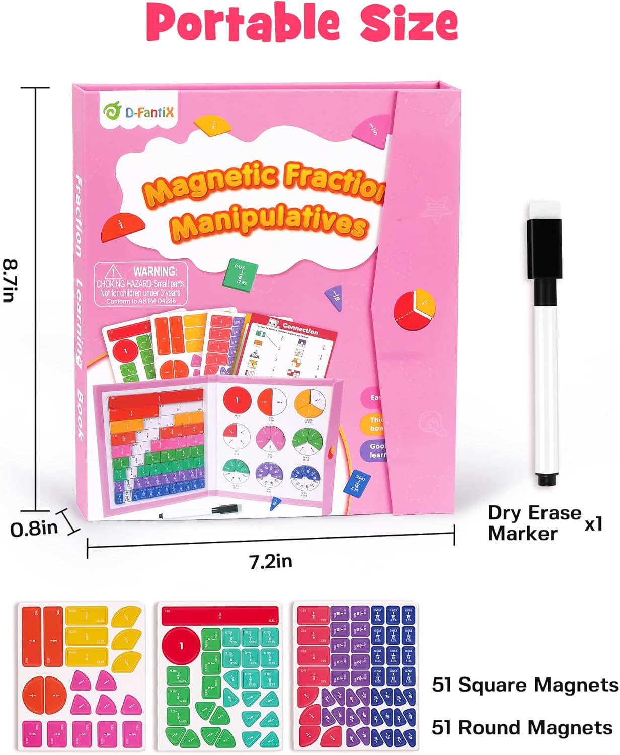 D-FantiX Magnetic Fraction Demonstration Book, Magnetic Fraction Tiles & Fraction Circles Set, Math Manipulatives for Elementary School, Montessori Fraction Manipulatives Learning Tools for Kids - Image 6