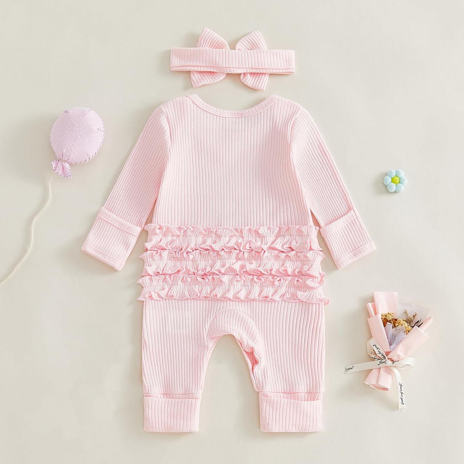 Baby Girls Clothes She Is Here Embroidery Romper Bow Waffle Knit Ruffled Newborn Infant Winter Fall Outfit with Headband - Image 4