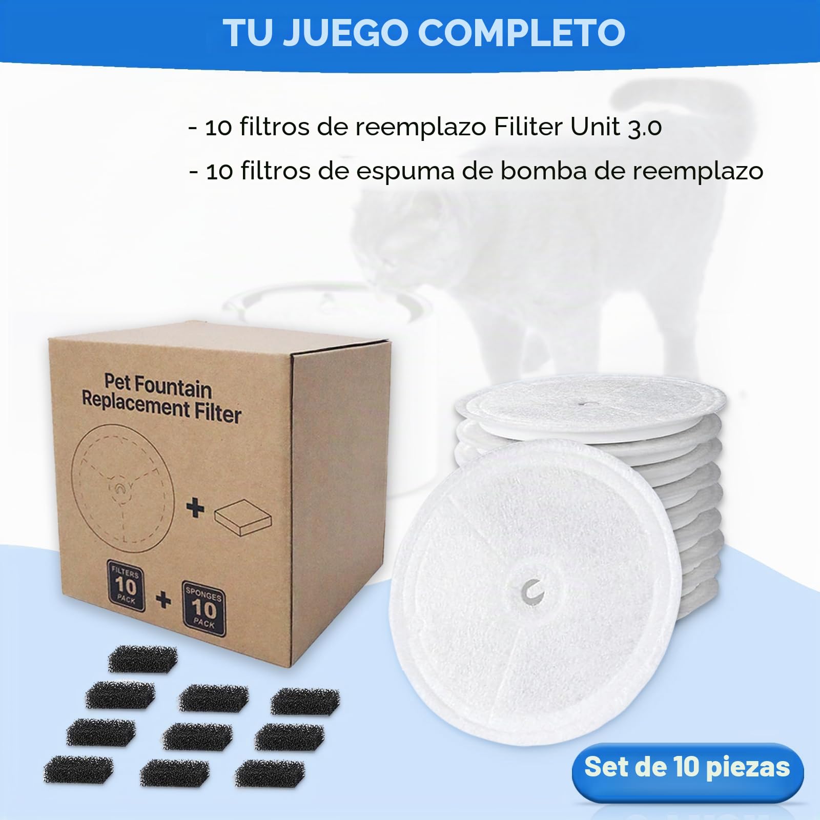 10 filtros de repuesto para fuente de gato + 10 filtros de esponja, compatible con Petkit Eversweet Solo SE/Solo 2/3 Pro/3/2s Fuente de Gato Inalámbrica, Reemplazo del Filtro Redondo para Bebidas para