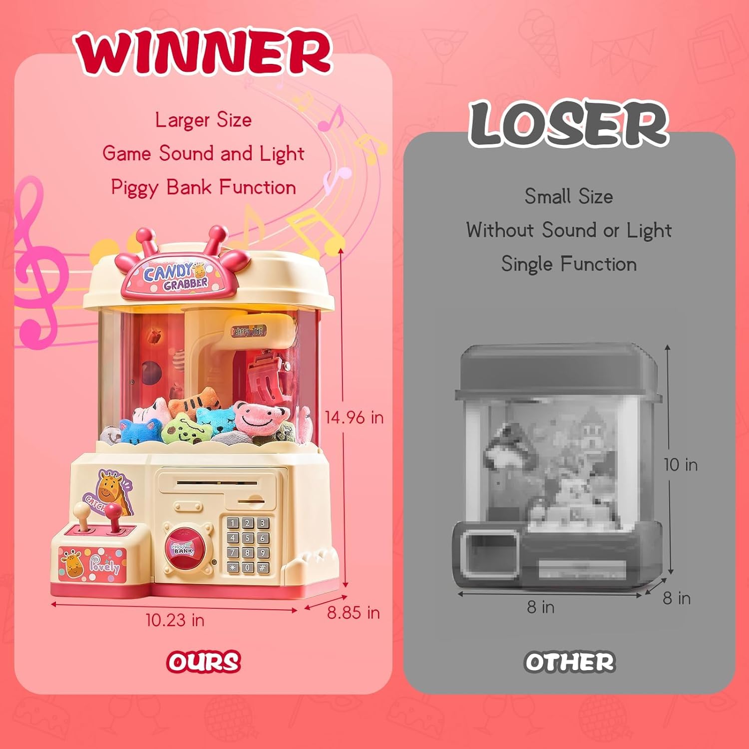 25PCS 2 in 1 Large Claw Machine, with Music & Light, Party Birthday for 3-14 Kids Gift, for Real Money Savings and Grabber Prize Dispenser Toys, Pink