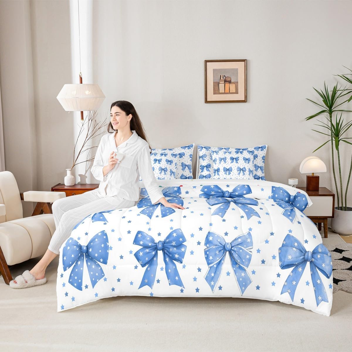 Erosebridal Princess Blue Bow Queen Comforter Set 7 Piece for Girls Kids Teens Adults Cute Star Bedding Set Cartoon Bowknot Bed in A Bag with Sheets Coquette Dreamy Style Bed Set Room Decor - Image 4