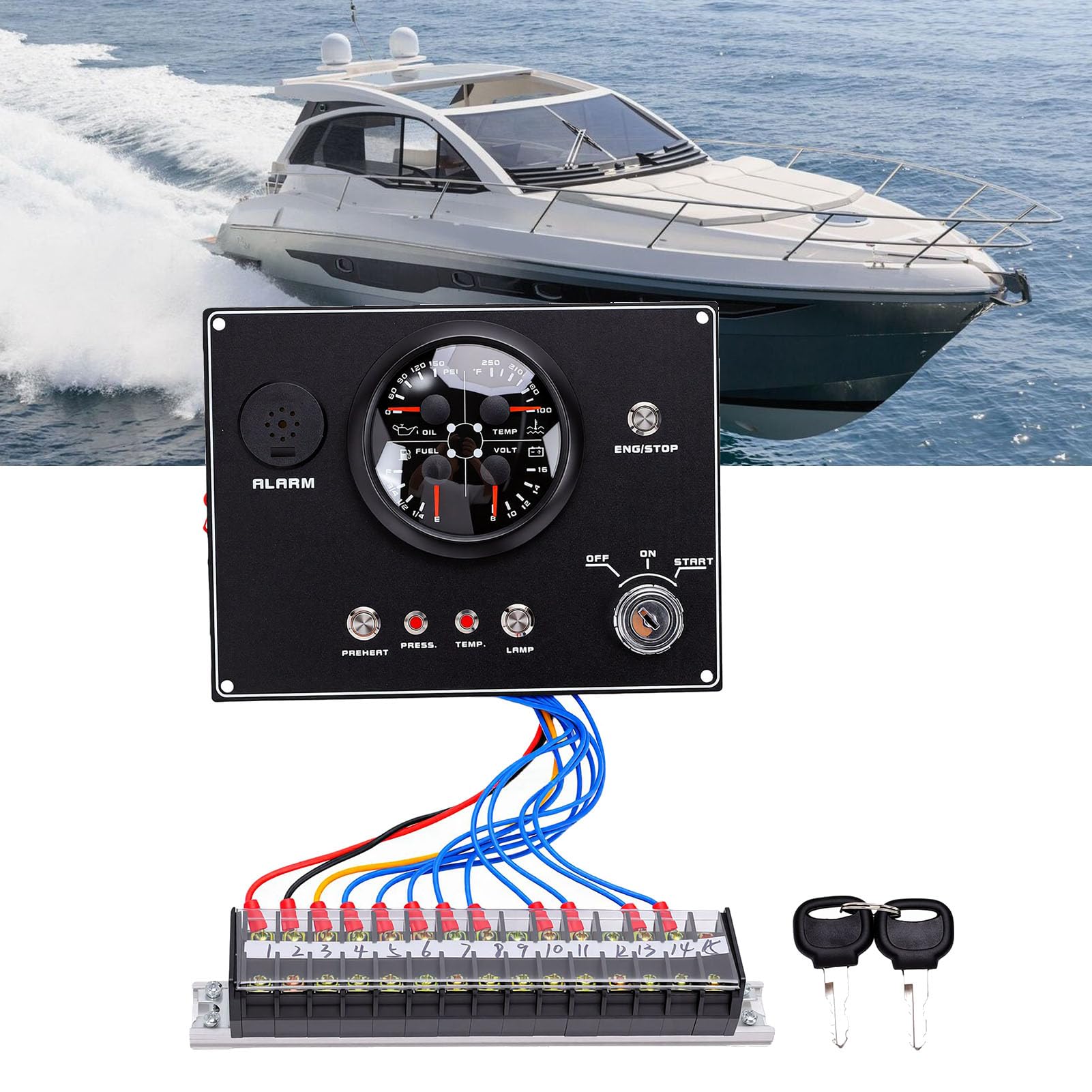 12V Tablica Przyrządów łodzi 4 w 1 Zestaw Wskaźników Ciśnienie Termometr do Wody Woltomierz Poziom Paliwa dla Jachtu Morskiego Statek RV Dash (Czarna tarcza i czarna ramka CX9605B)