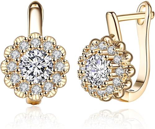 Modernos aretes pequeños enchapados en oro blanco de 18 quilates con circonitas cúbicas con diseño de flores para mujer y niña