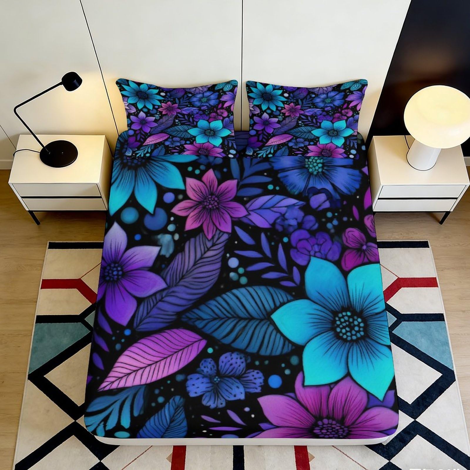 3D Printed floral Fitted Sheet, Microfiber soft touch, blue purple botanical Bed Cover, wrinkle resistant, home bedroom decor, apartment bedding 120x200cm 90x200x25cm