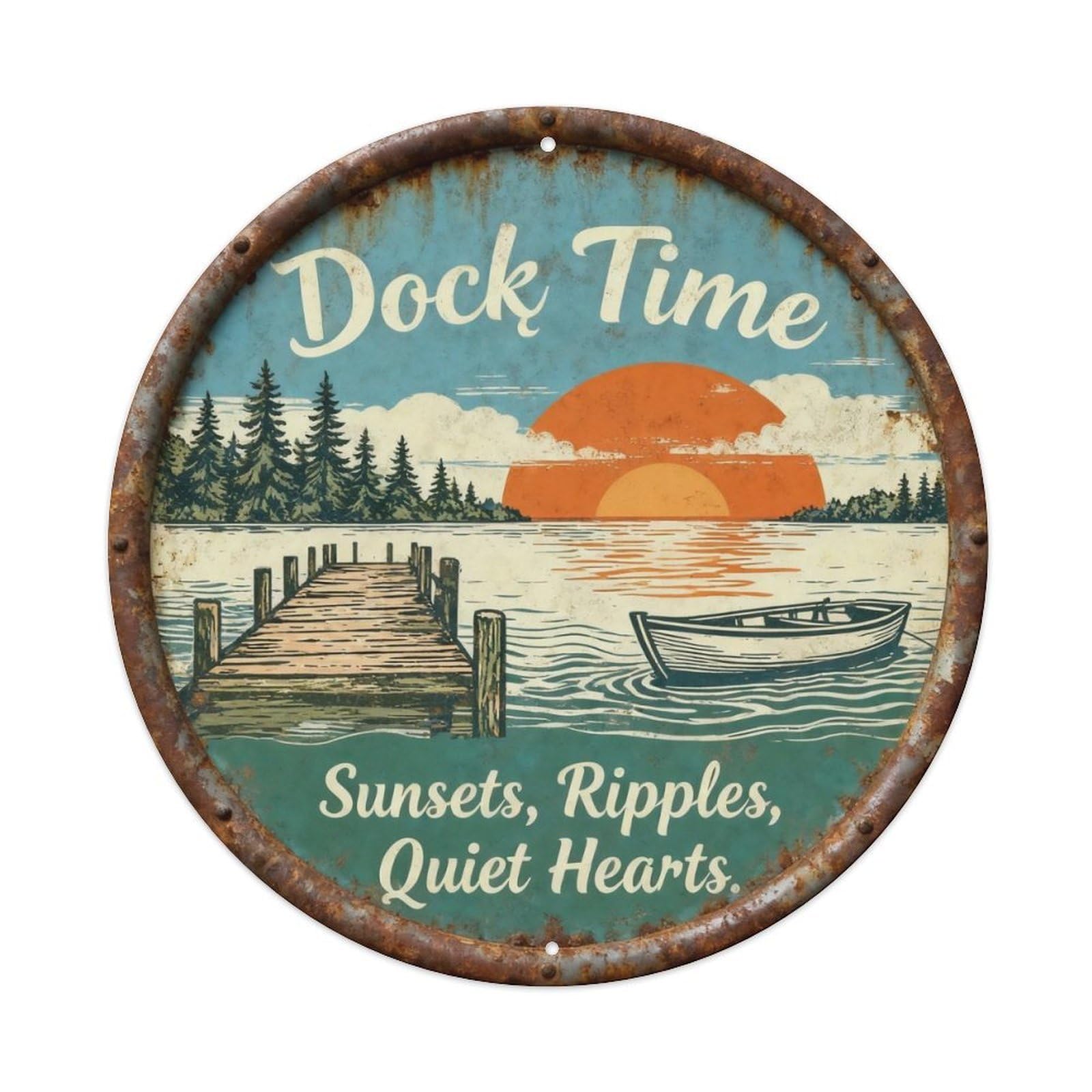 Dock Time Lake Cabin Sunset Decor Metal Tin Sign Plaque