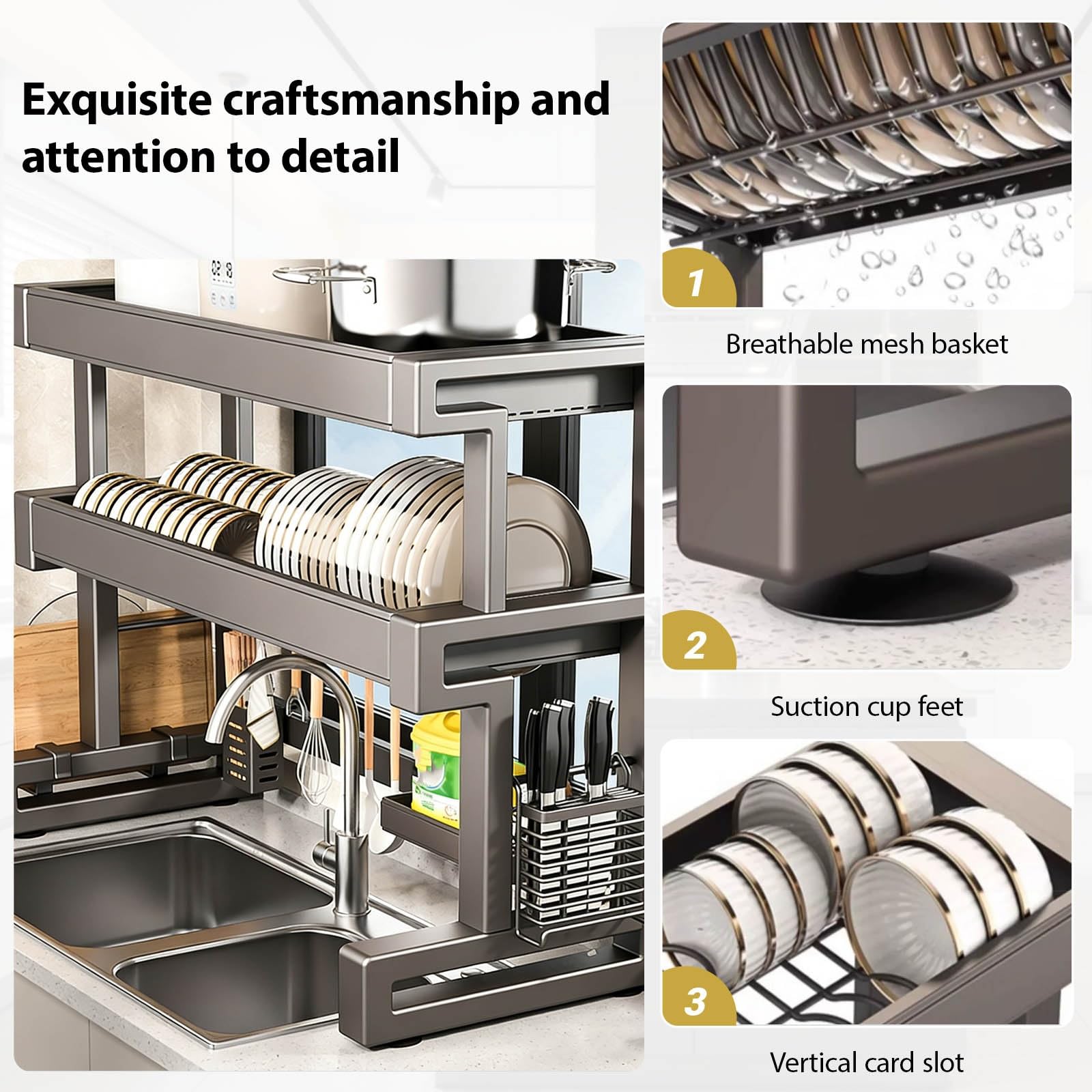 Escurridor de platos de acero inoxidable de 2 niveles para almacenamiento y organización eficientes, se adapta a platos, vasos, cuencos y cubiertos
