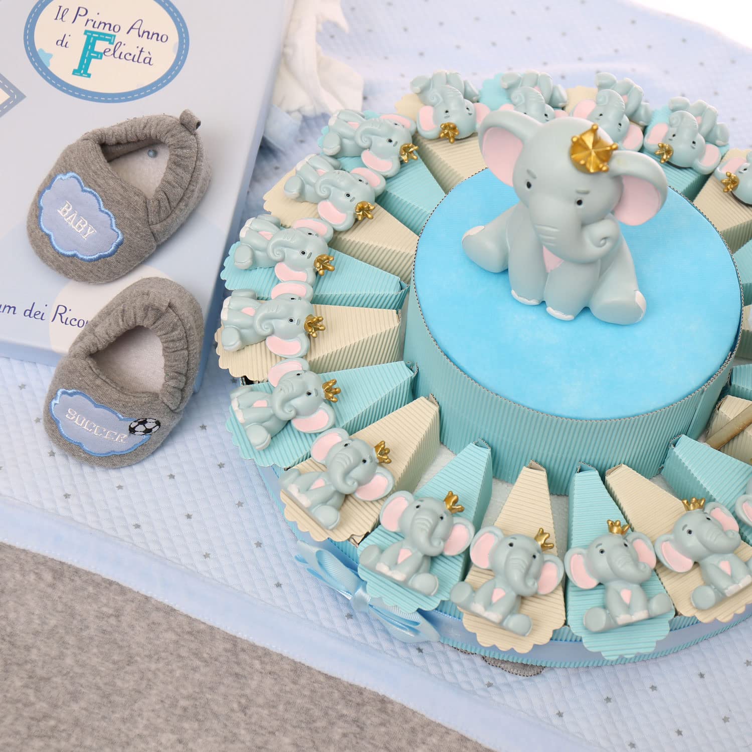Elefantino Bimbo Magnete con Corona Torta Bomboniere Nascita Pensierini Primo Compleanno Originali Bimbo (Torta da 35 Pezzi)