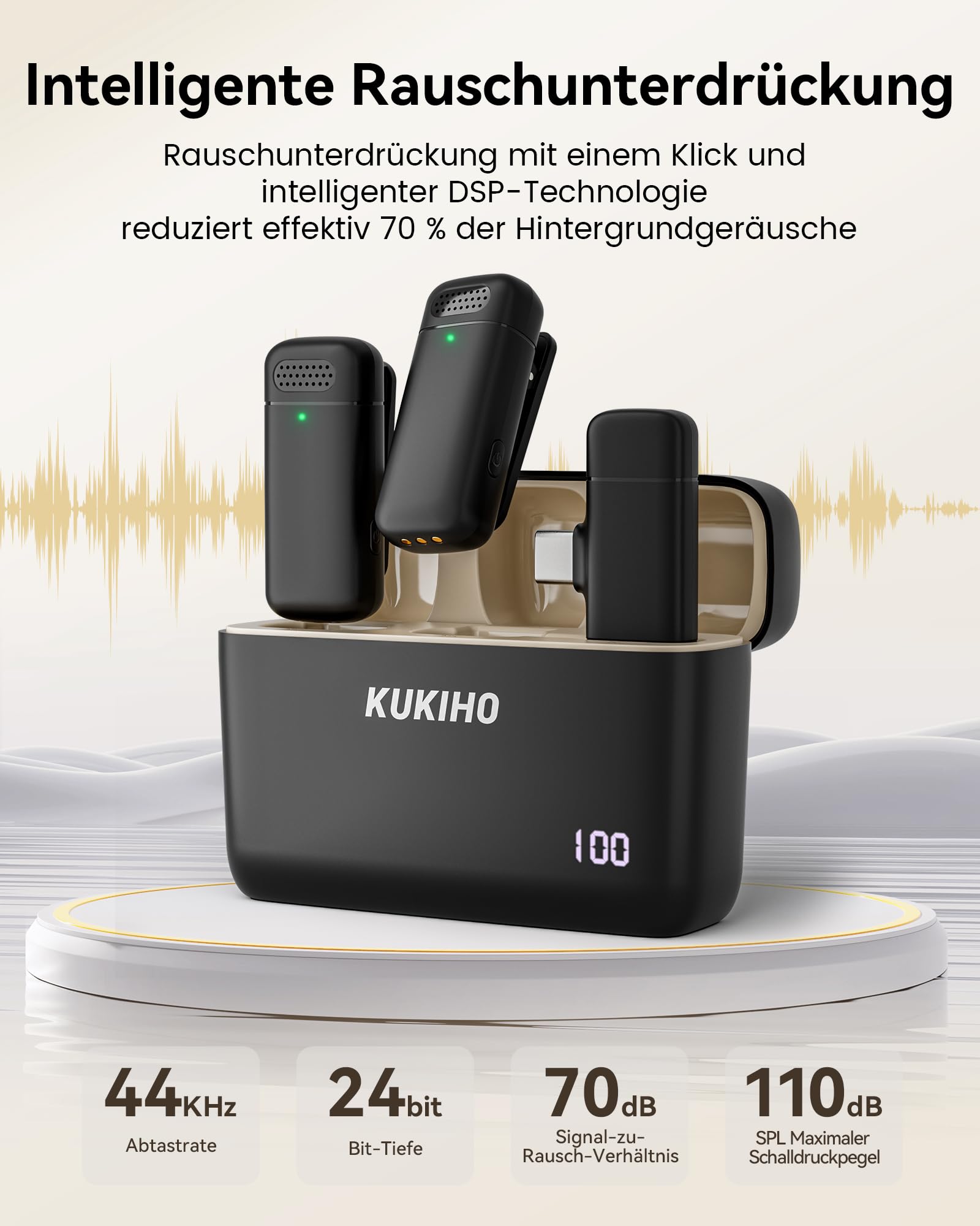 KUKIHO Kabelloses Lavalier Mikrofon mit Ladekoffer, 36h Akkulaufzeit, Rauschunterdrückung, 40m Reichweite, Plug-Play Ansteckmikrofon für iPhone/iPad/Android/PC, YouTube, Vlog, Live-Streaming