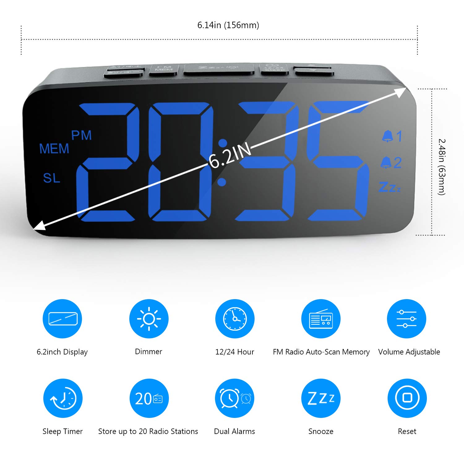 Buy HAPTIME Digital Alarm Clock Radio 6.2” Large LED Display with 4