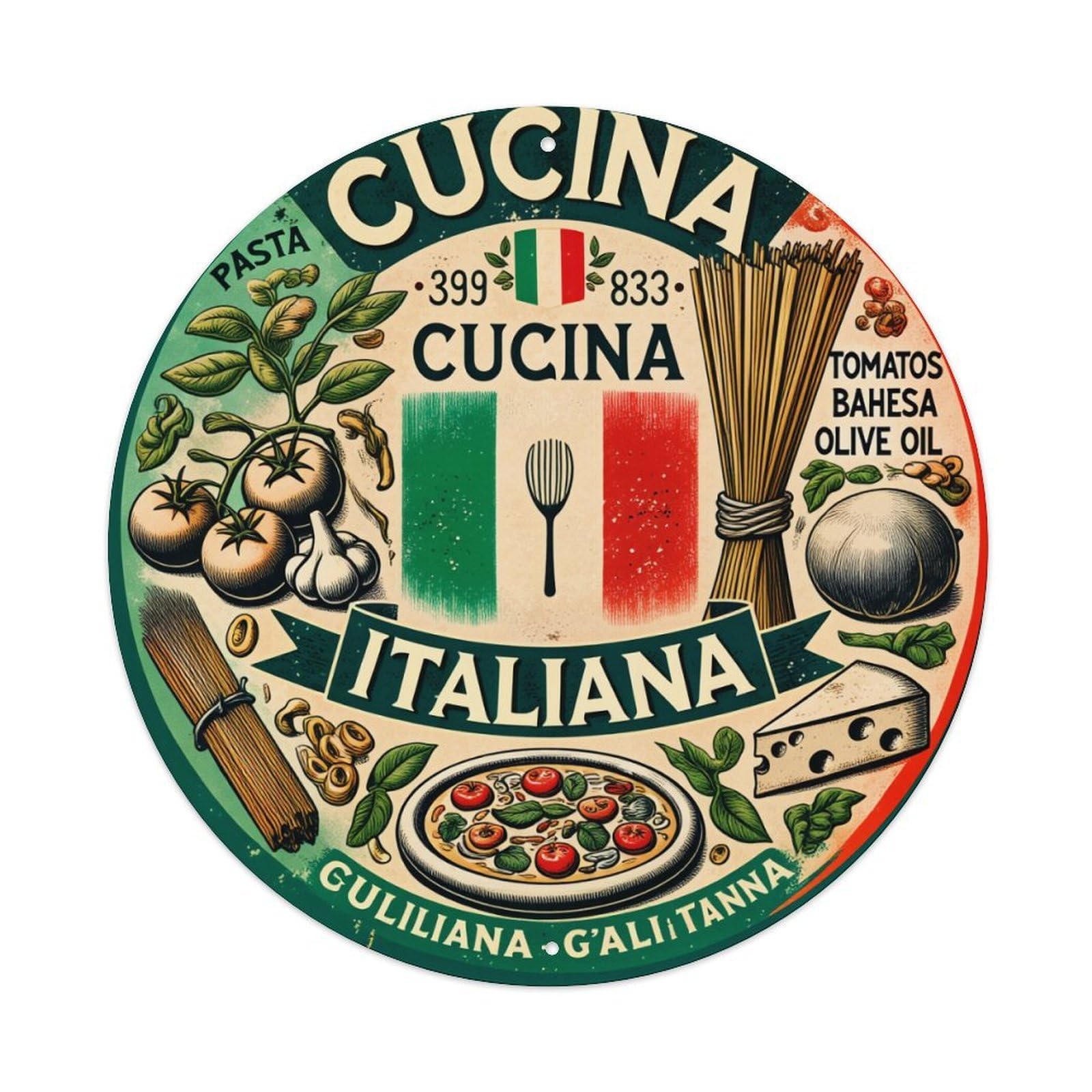Italian Flag Pasta Tomatoes Cheese Olive Oil Round Tin Sign Vintage Metal Poster, Home Bar Garage Man Cave Cafe Indoor & Outdoor Wall Decoration 8x8Inches
