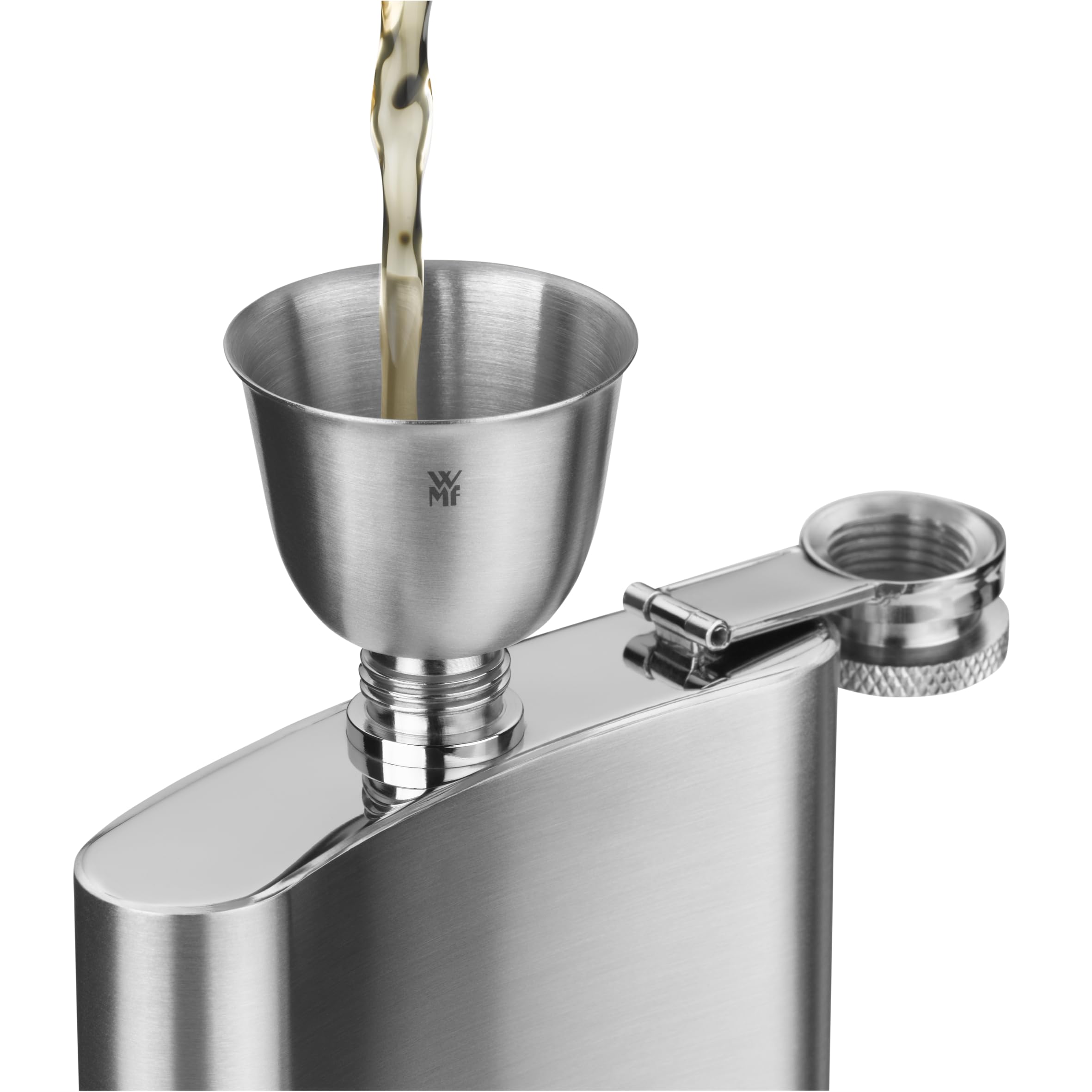 WMF Manhattan - Petaca de Acero Inoxidable 6 Piezas, Petaca de 200 ml, Embudo, estampador en estuche de cuero, Acero Inoxidable Cromargan Mate