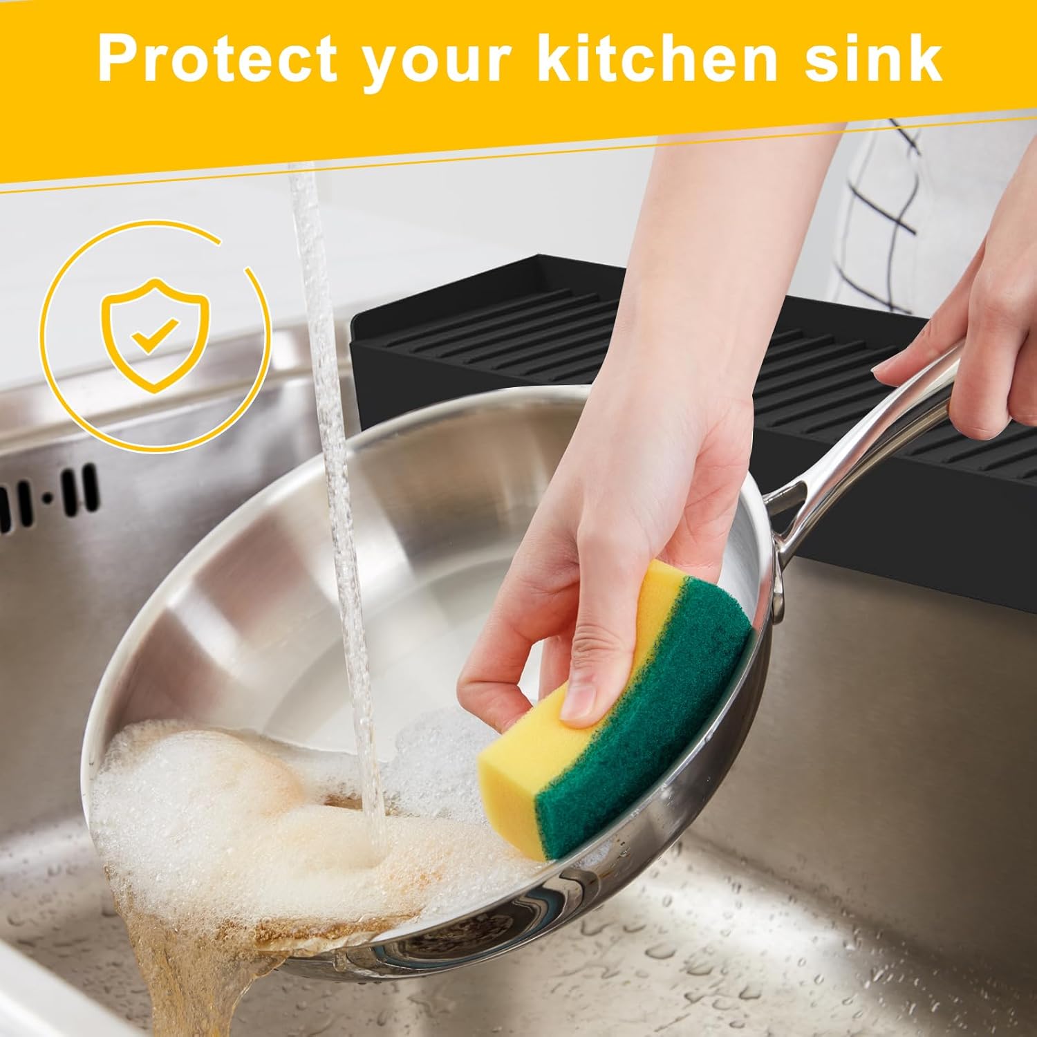 Silicone Sink Edge Protectors - Multifunction Accessories, Splash Guard & Draining Mat for Kitchen, Bathroom Sink, Steel, Granite, Quartz Countertops (Black, 4 * 30in)