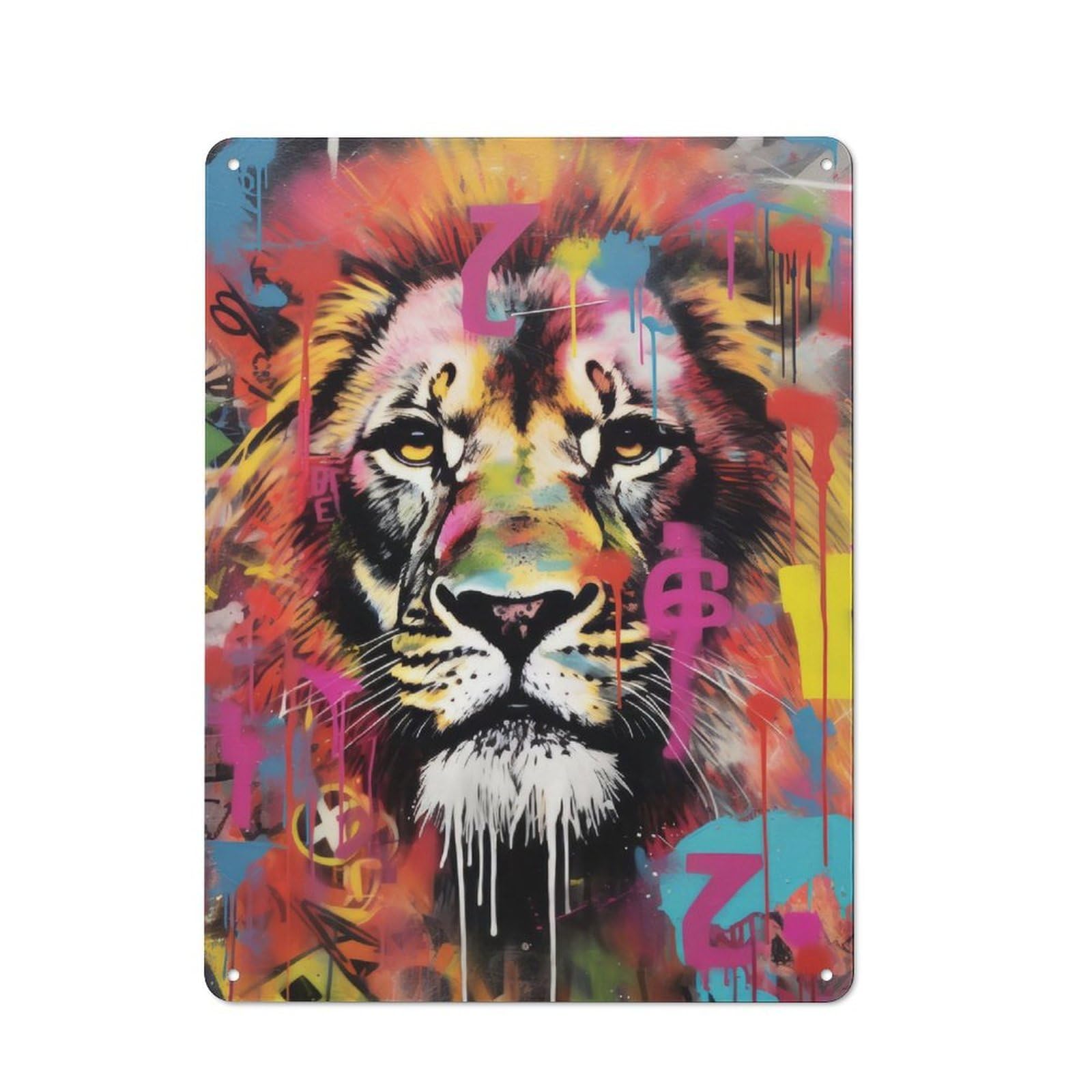 Rustic Vintage Metal Sign 40x30cm Featuring Lion Graffiti Wall Artwork, Home Bar Decor for Cafe, Pub, Workshop Or Home Bar