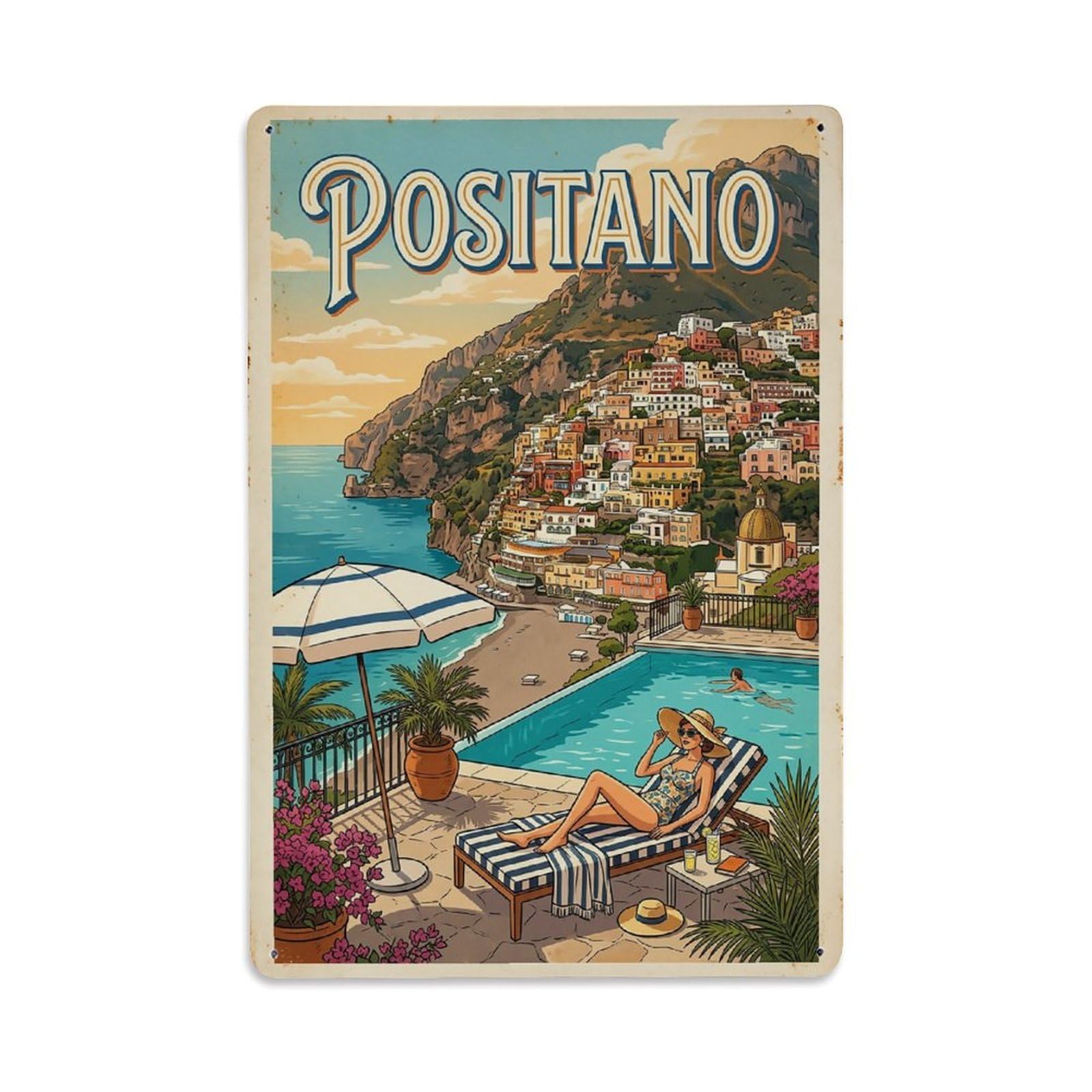 Huiyhb 8X12inch(20X30cm) Vintage Travel Positano Italy Cliff Pool Lounge Metal Tin Sign