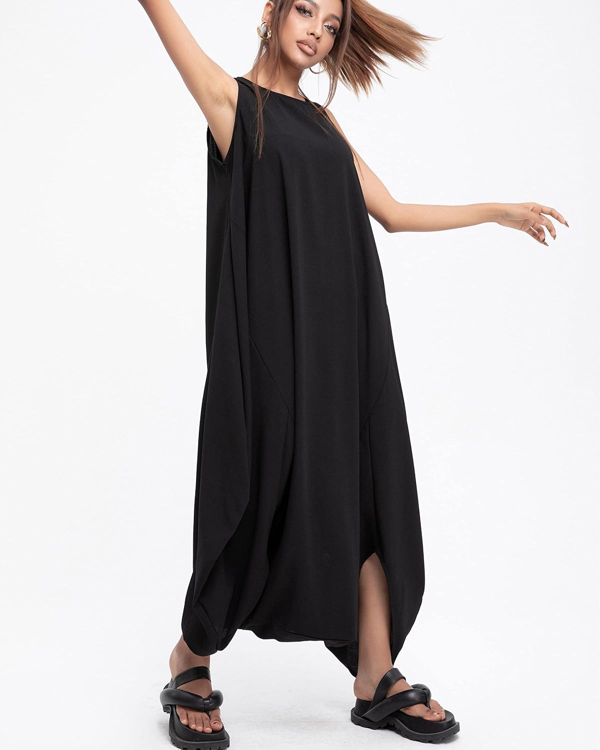 ellazhu Women's Summer Black Harem Pants Oversized Drop Crotch Jumpsuit Maxi Romper Playsuit GY1791 A - Image 3