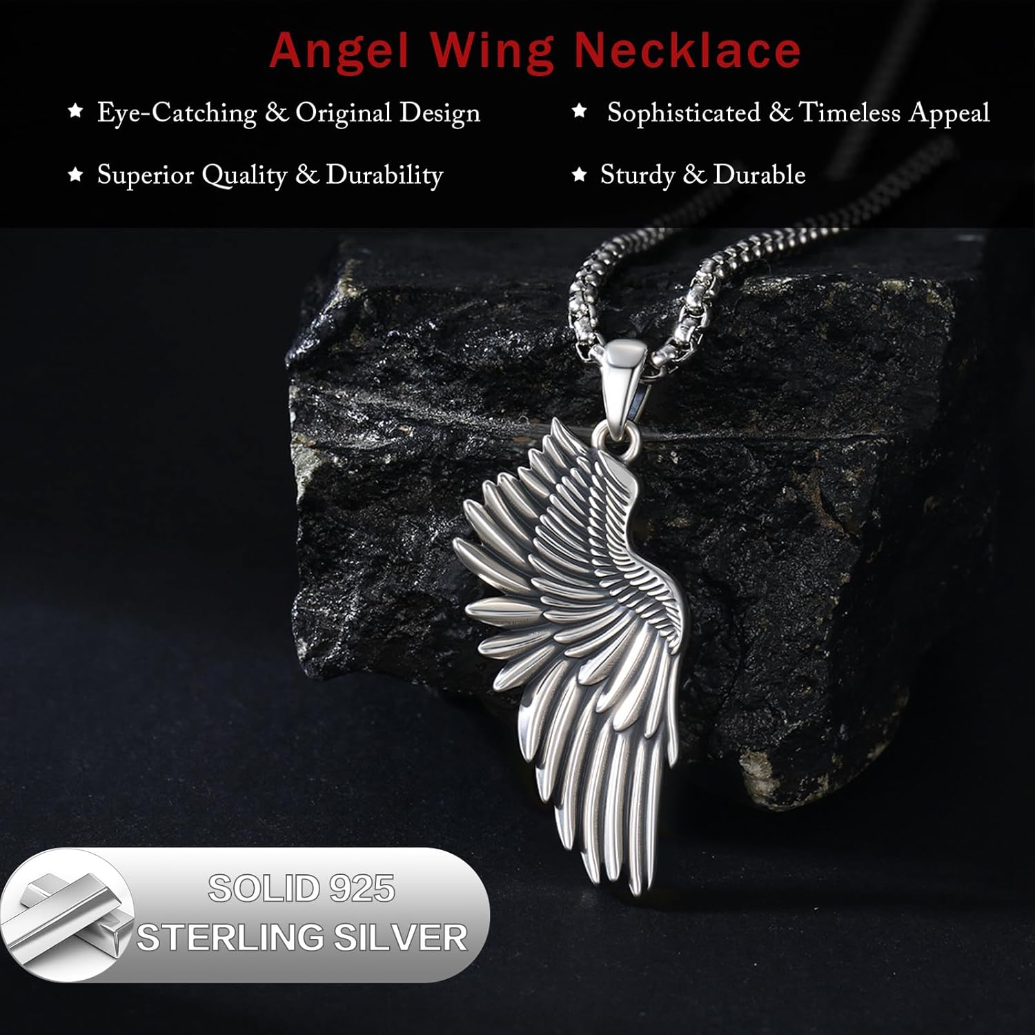 Angel Wing Necklace 925 Sterling Silver Angel Single Wing Pendant for Men Protection Jewelry Gifts with 22"+2" Rolo Chain