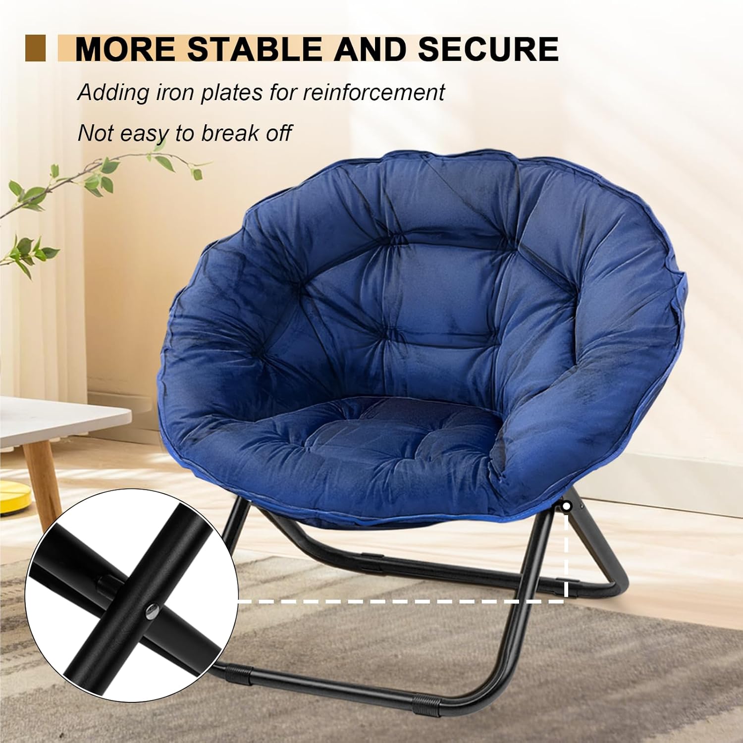 Grezone Folding Saucer Chair, Lazy Moon Chair with Metal Frame, Comfy Bedroom Chairs for Bedroom, Living Room, Study Navy